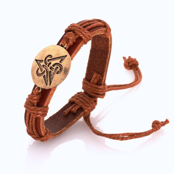 Celtic Triangle Brass Plated Tan Leather Bracelet