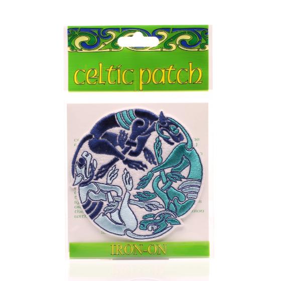Blue Celtic Dogs Embroidered Iron-On Patch in Bag