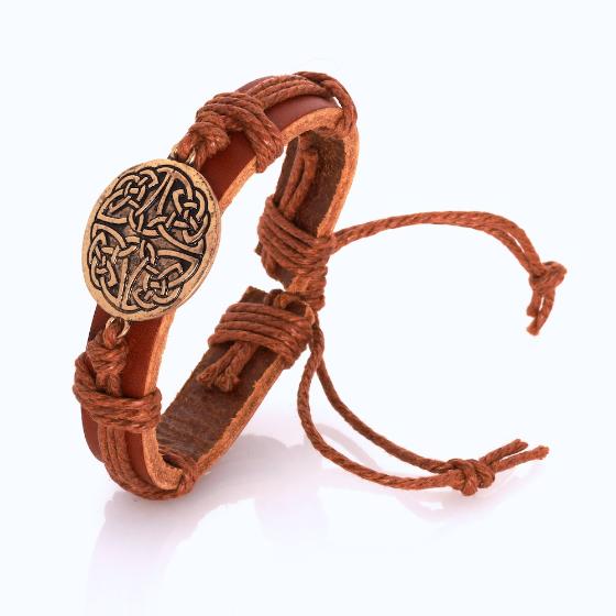 Celtic Knotwork Brass Plated Tan Leather Bracelet