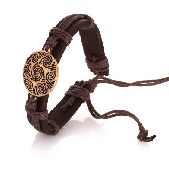 Celtic Spiral Disc Brass Plated Brown Leather Bracelet