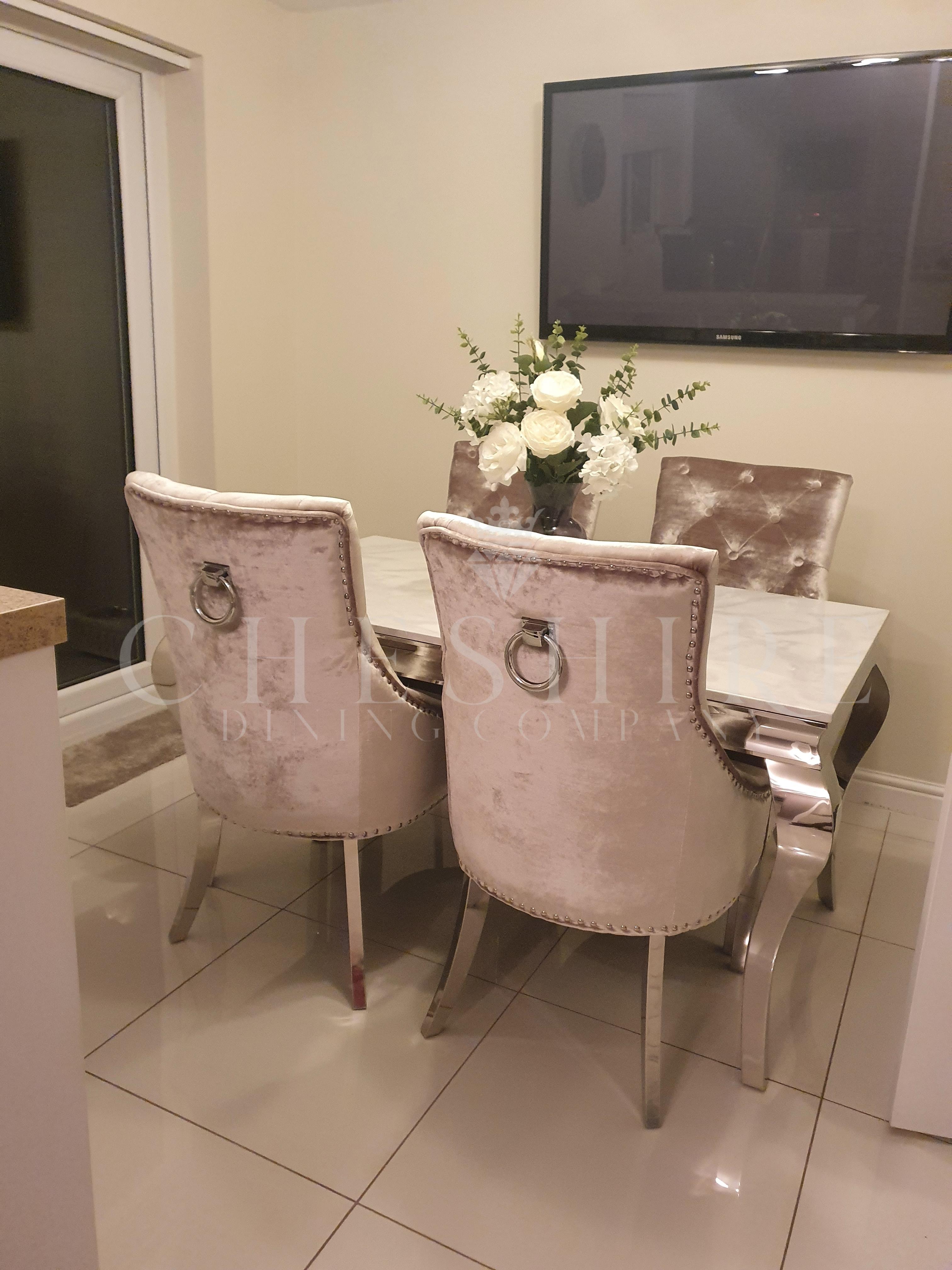 2020 150cm Lucia White Marble + 4 Bella Champagne Chairs