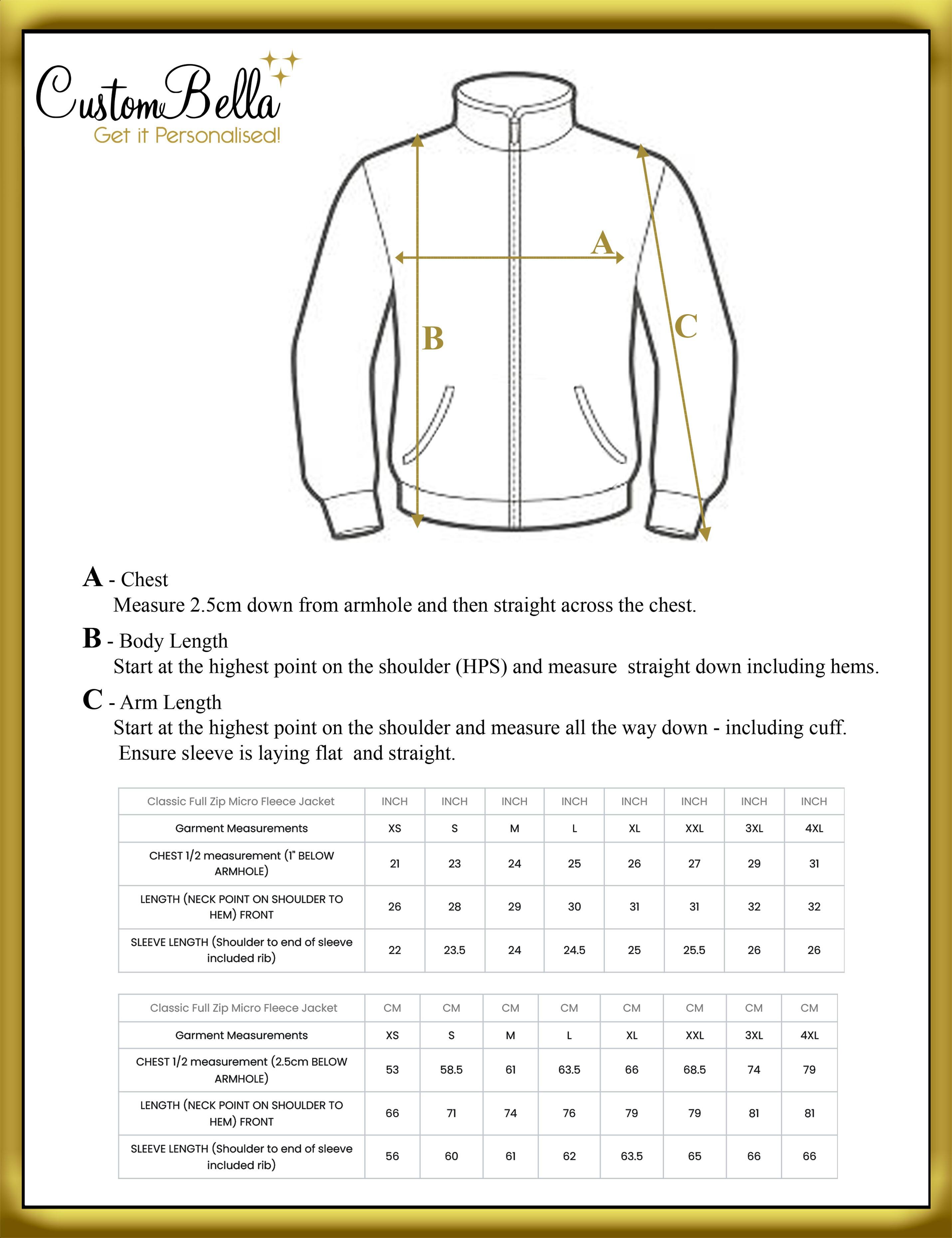 Personalised embroidered Unisex Fleece Jacket size chart