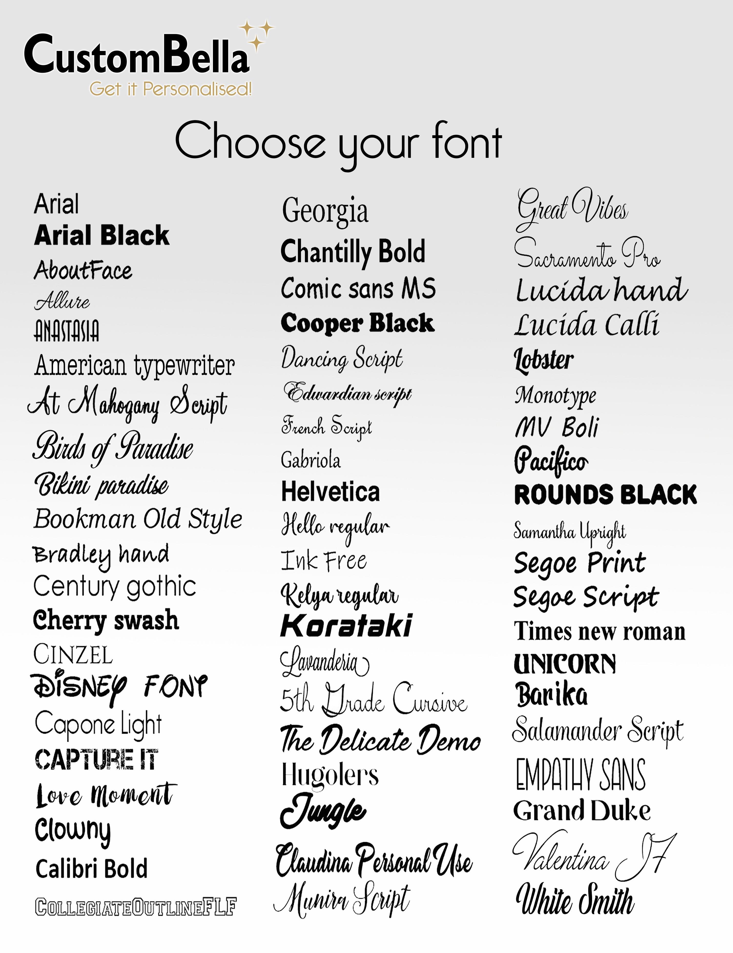 Custombella Fonts to select to print