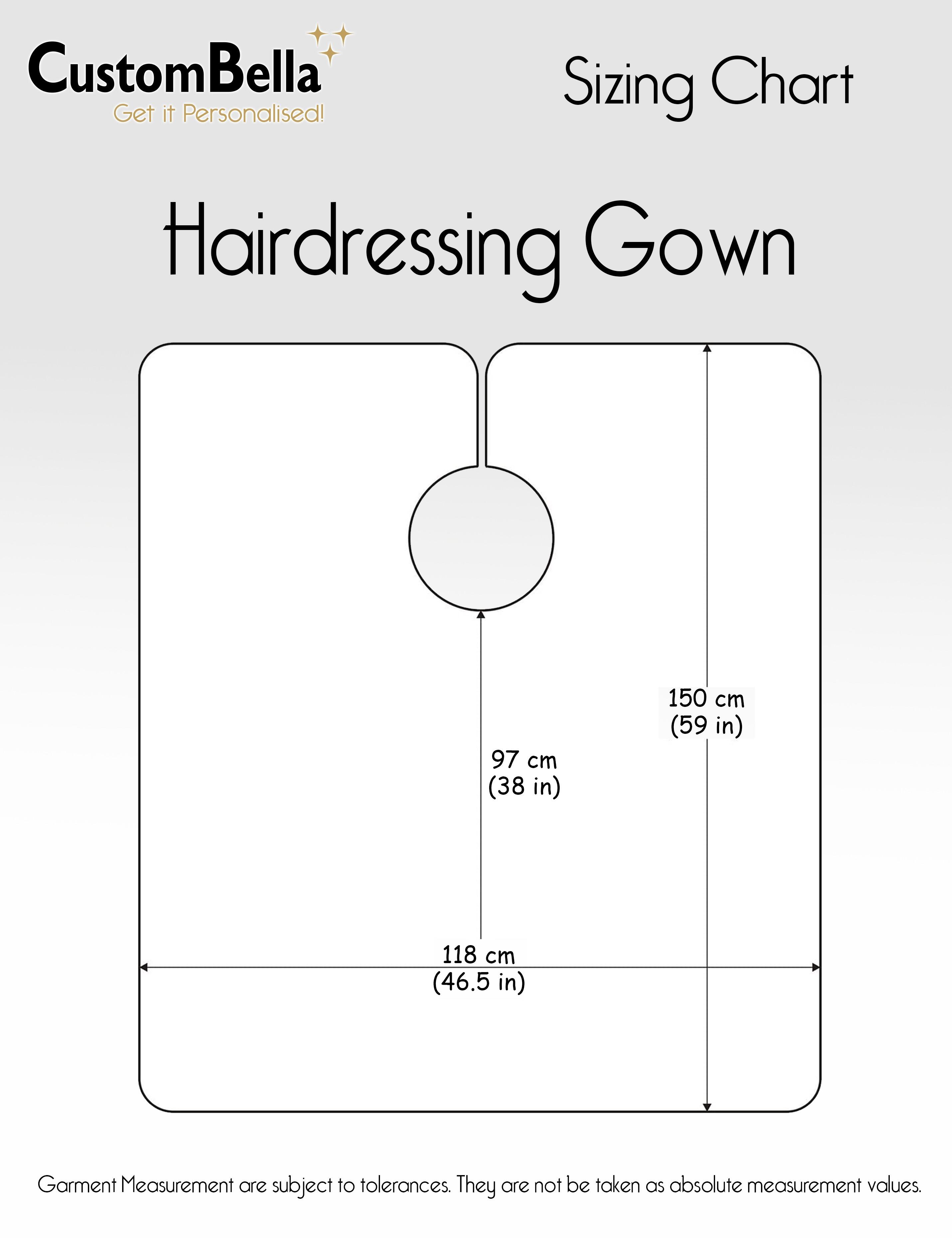 Personalised Full Colour Printed Hairdressing Gown size chart