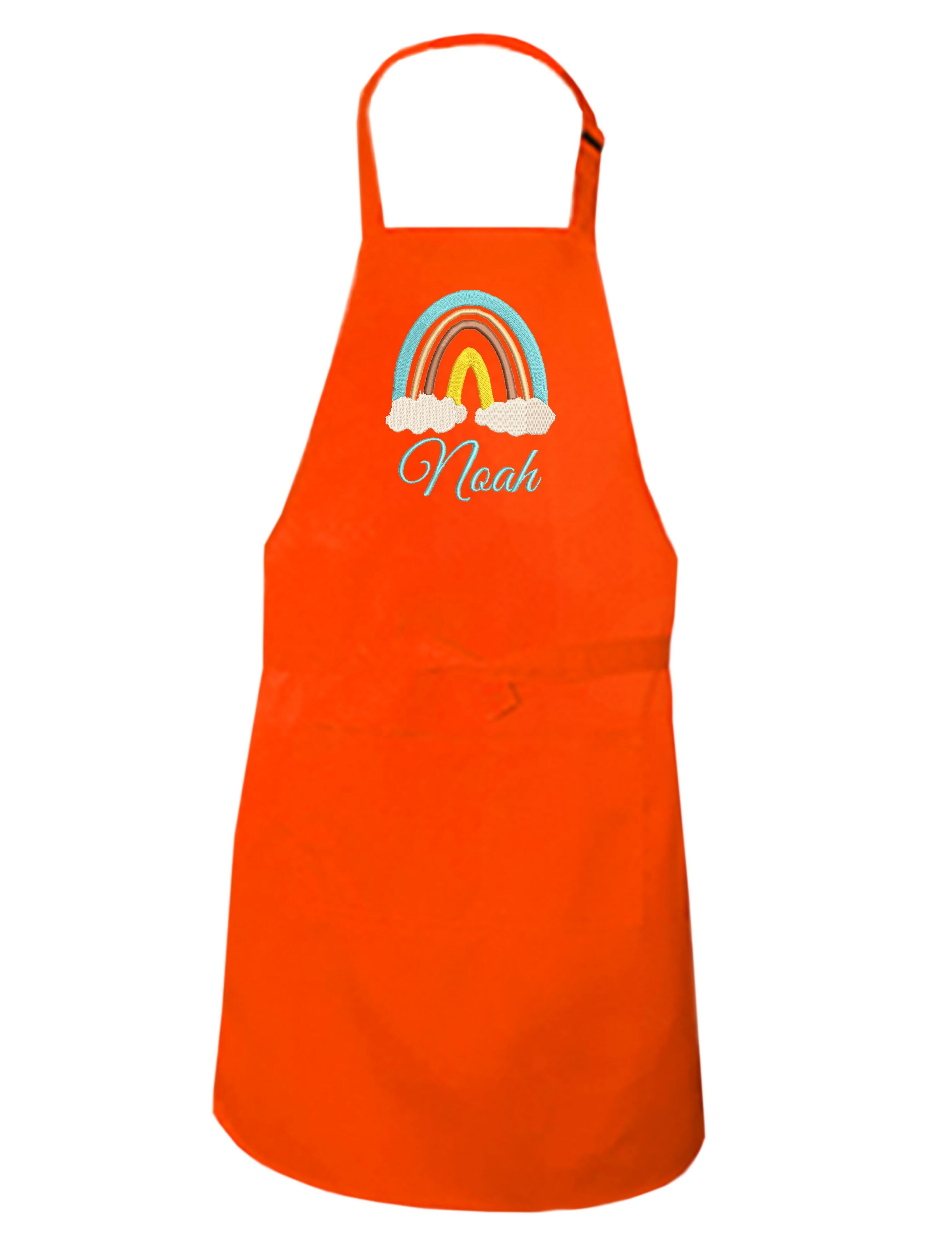 Personalised Rainbow Kids Apron Orange Embroidered