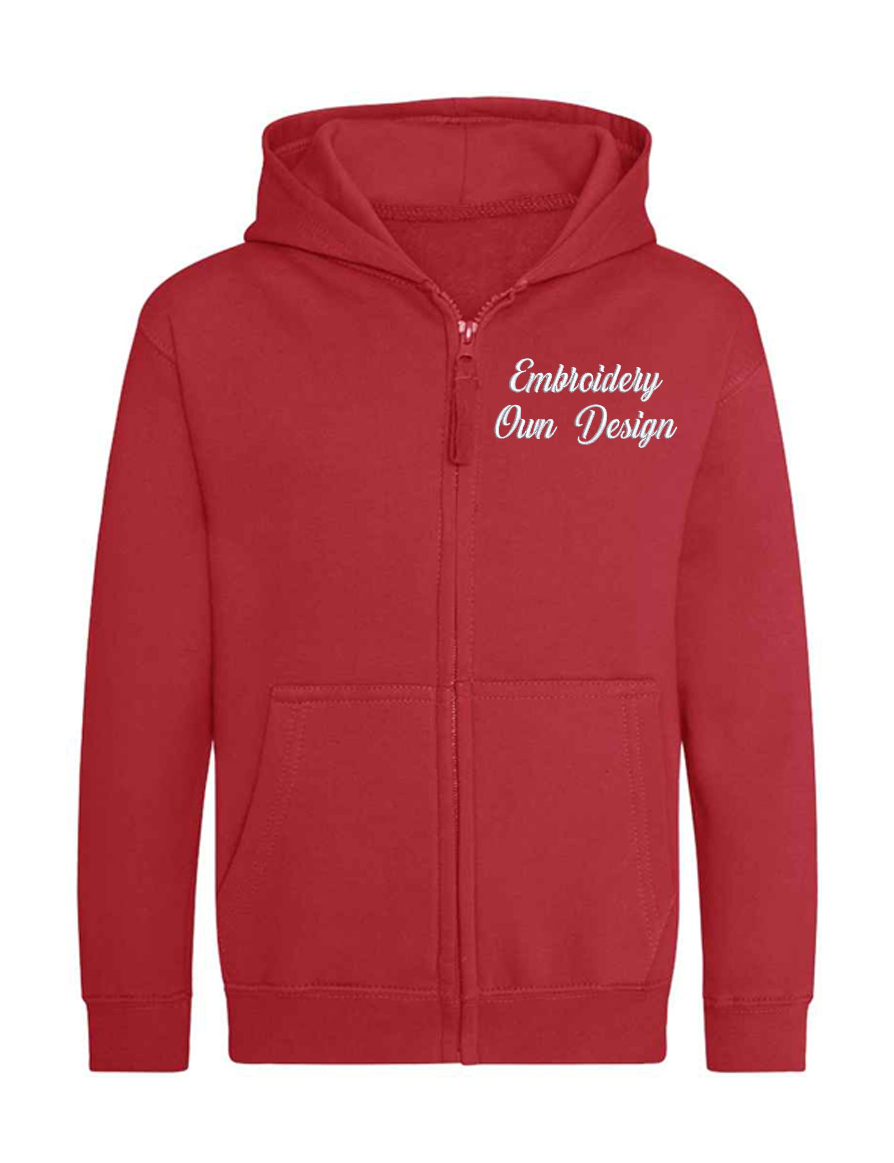 Embroidered Kids Zipped Hoodie Red