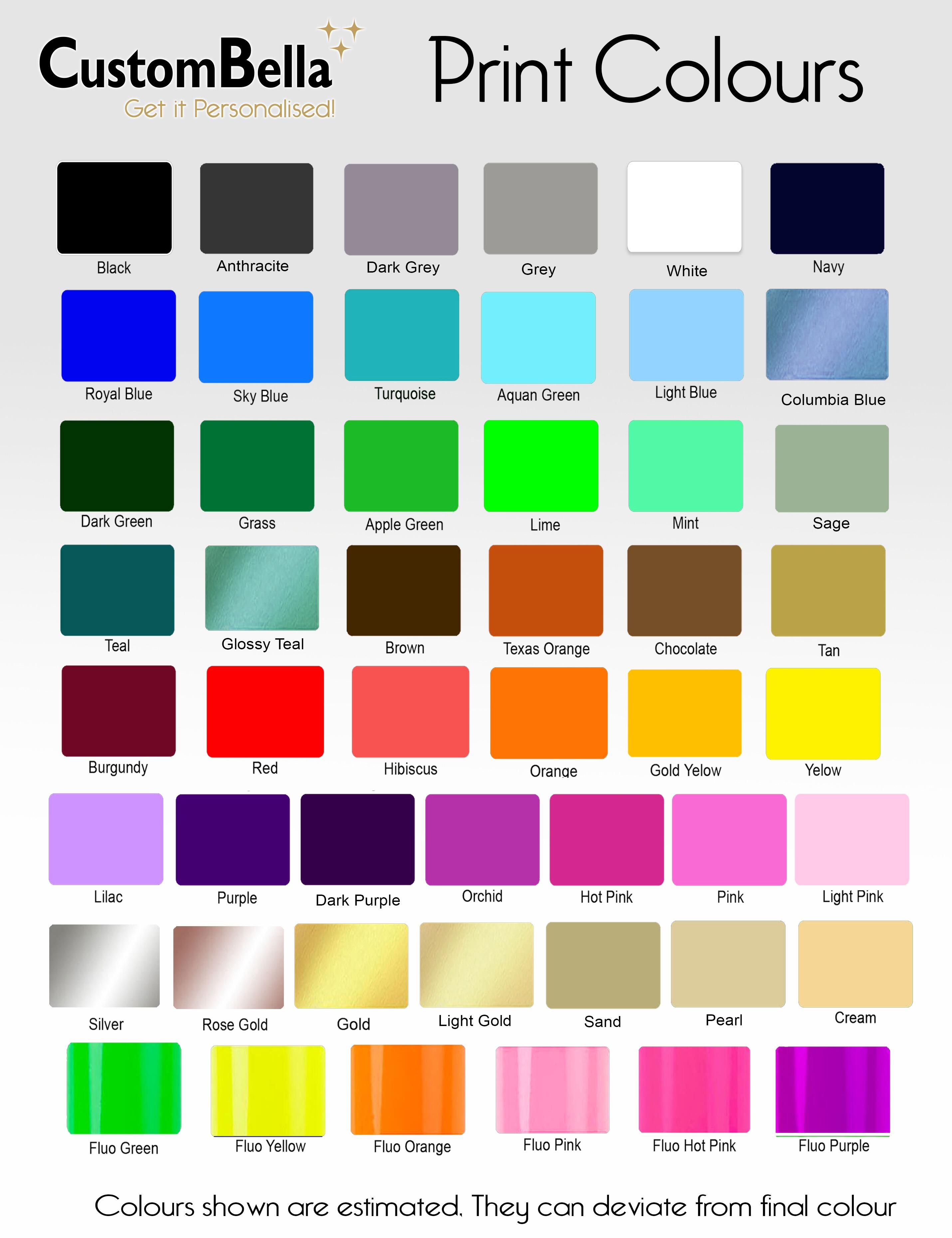 Custombella 50 Standard Print Colours to Select for Back Print