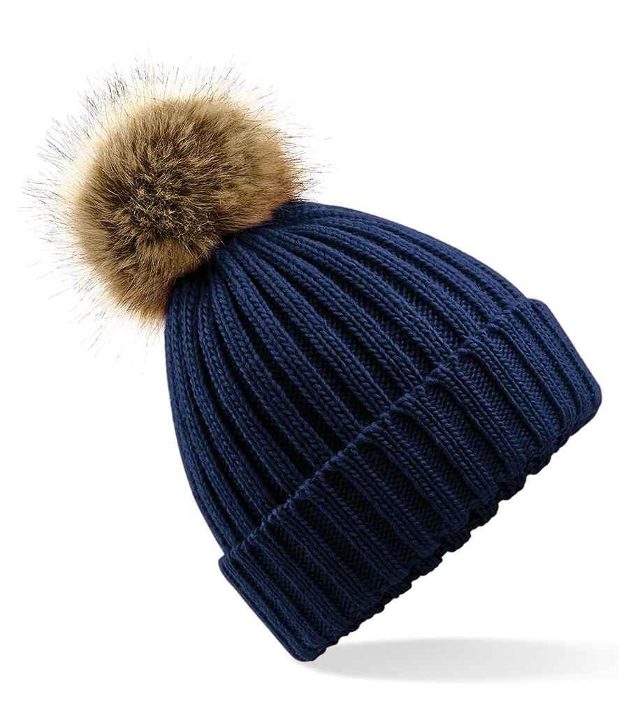 Faux Fur Pom Pom Beanie Navy