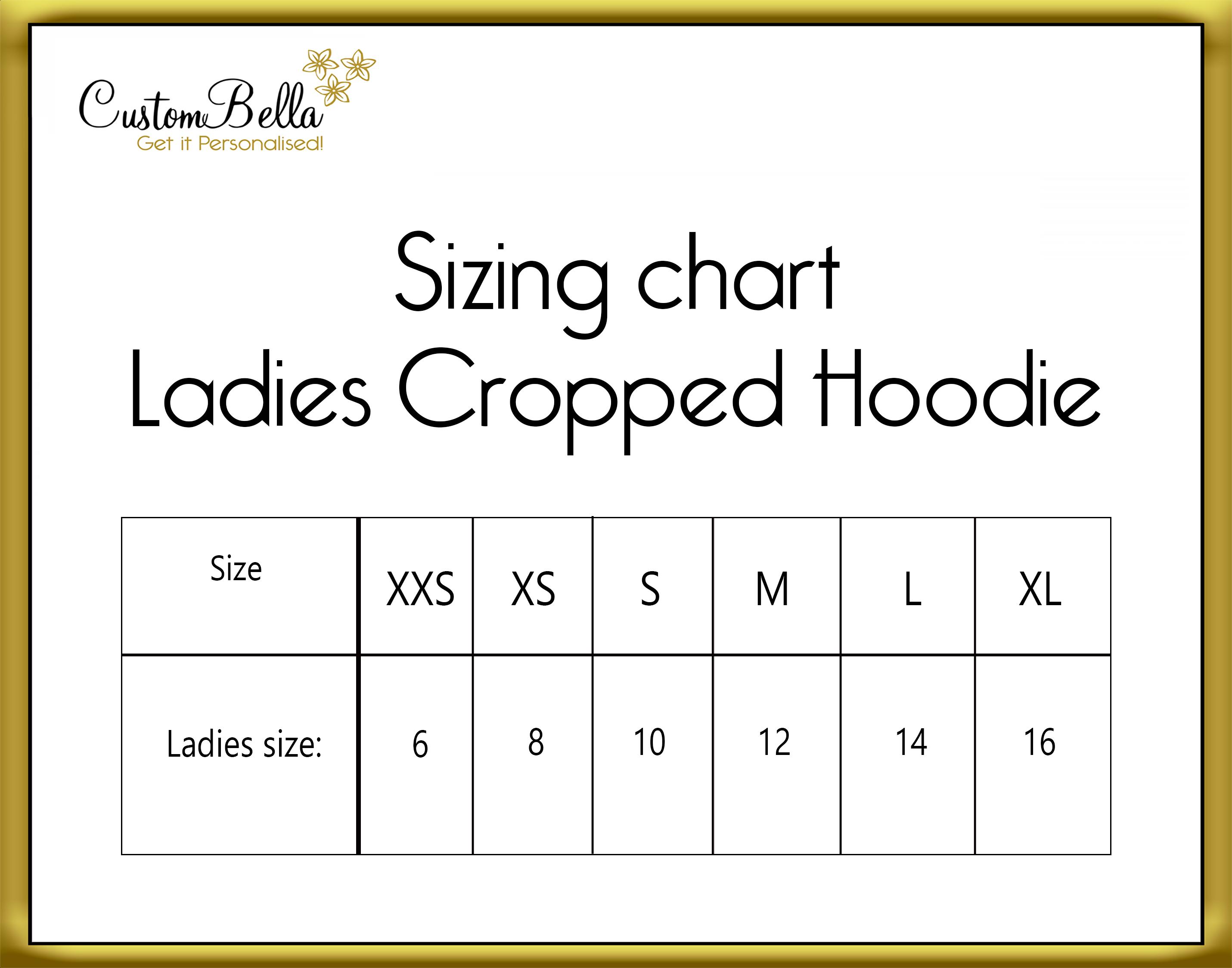 Personalised Women's Cropped Hoodie size chart