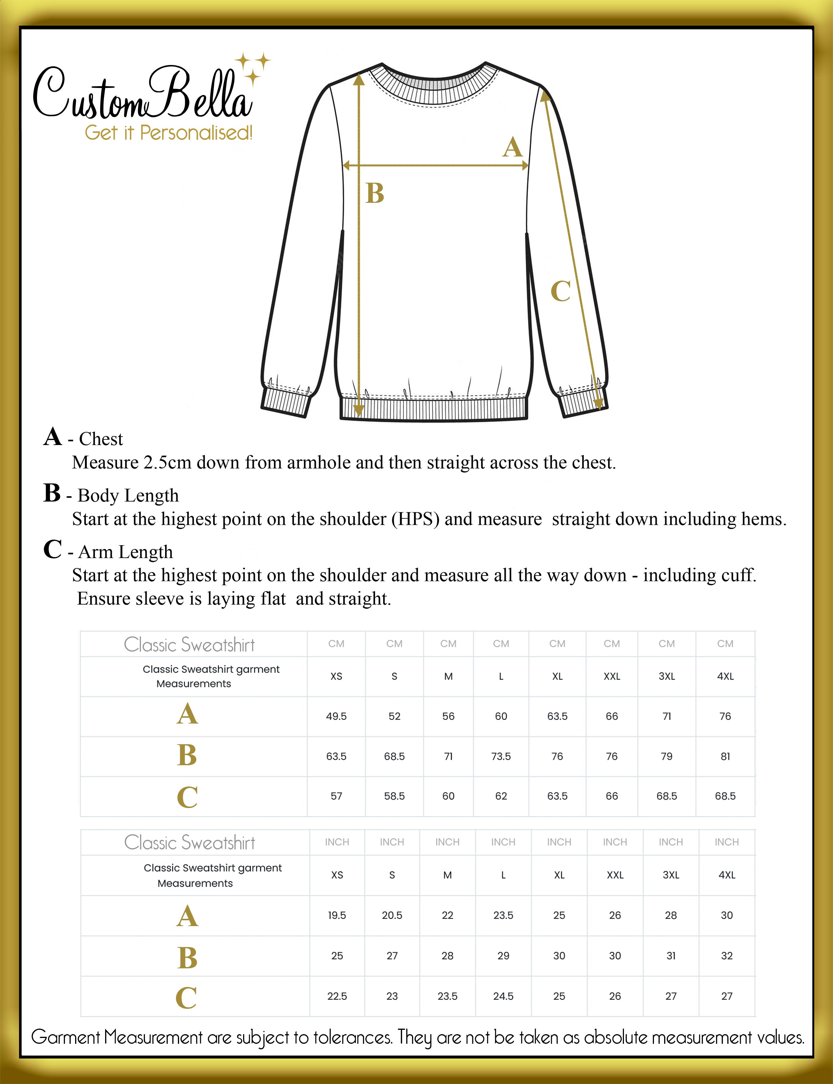 Personalised Embroidered sweatshirt size chart