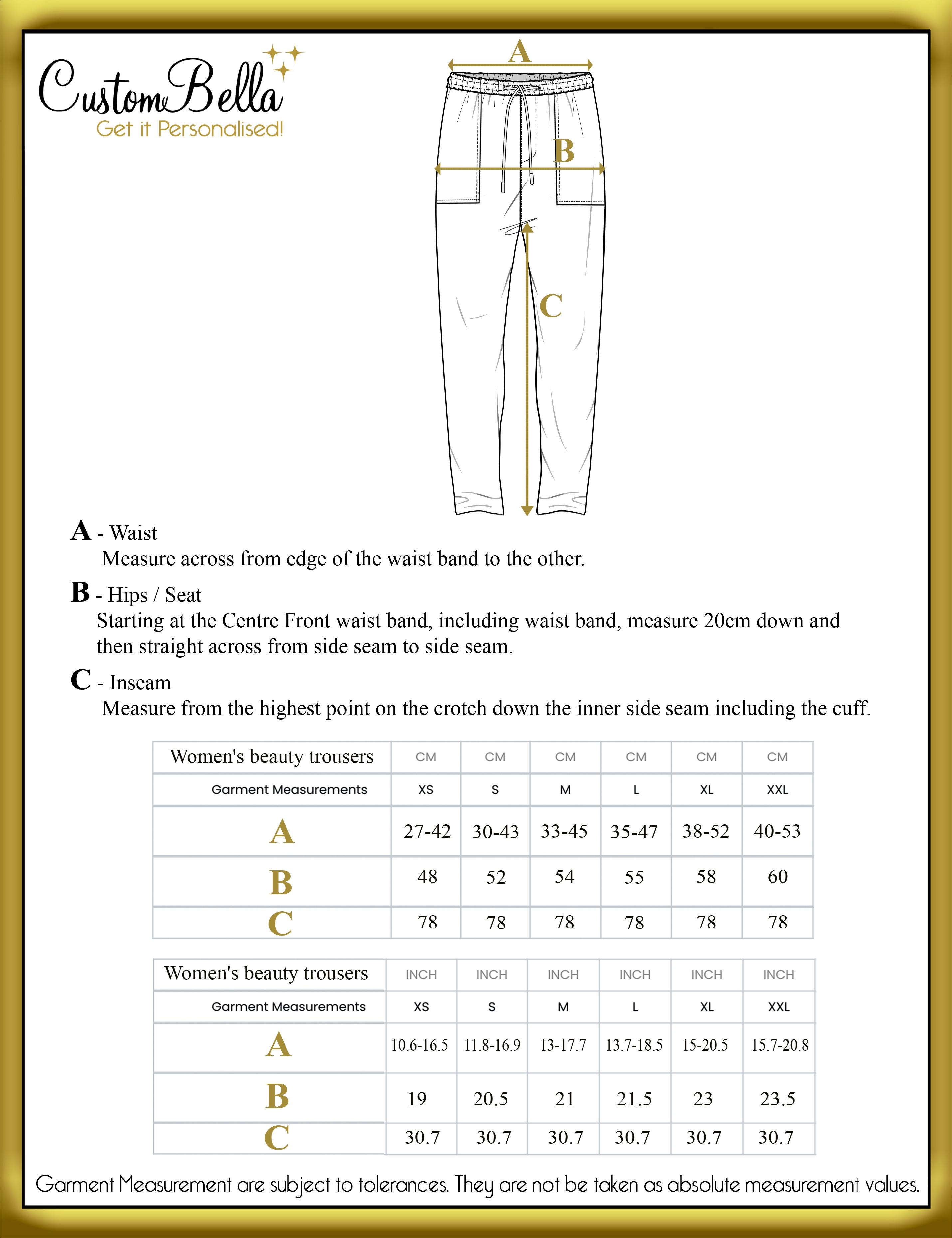 Women's chef's trouser size chart