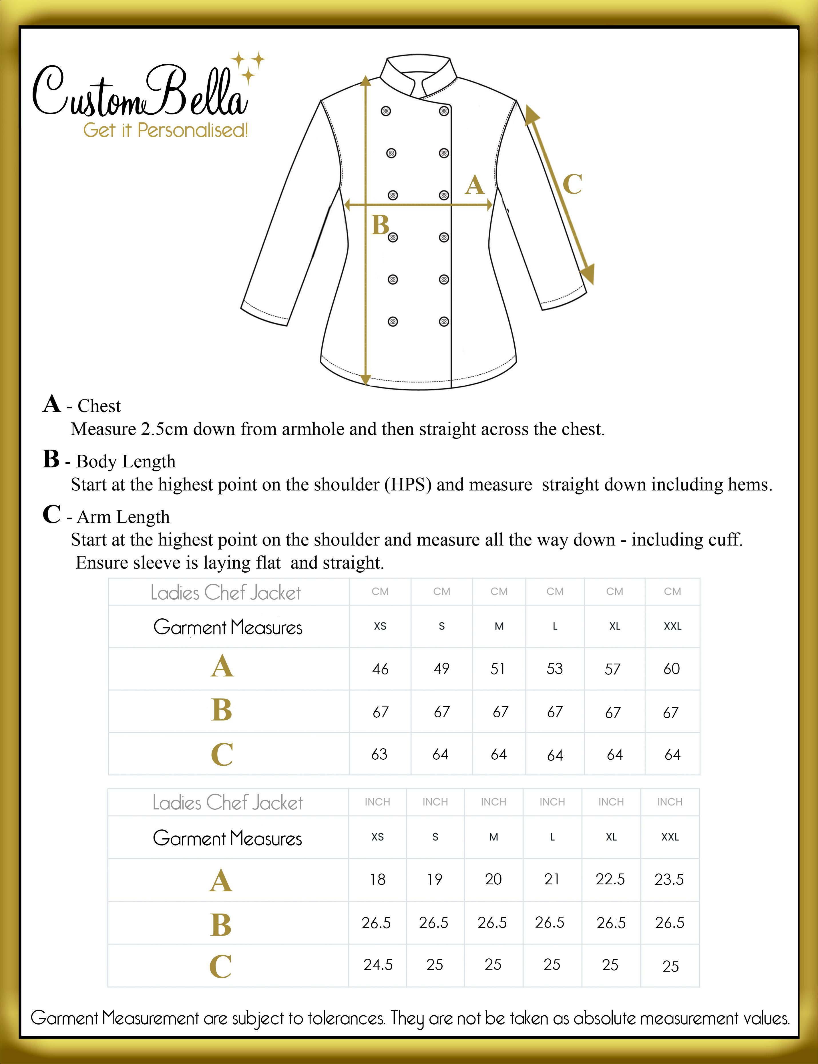 Personalised Long Sleeve Ladies Chef's Jacket size chart