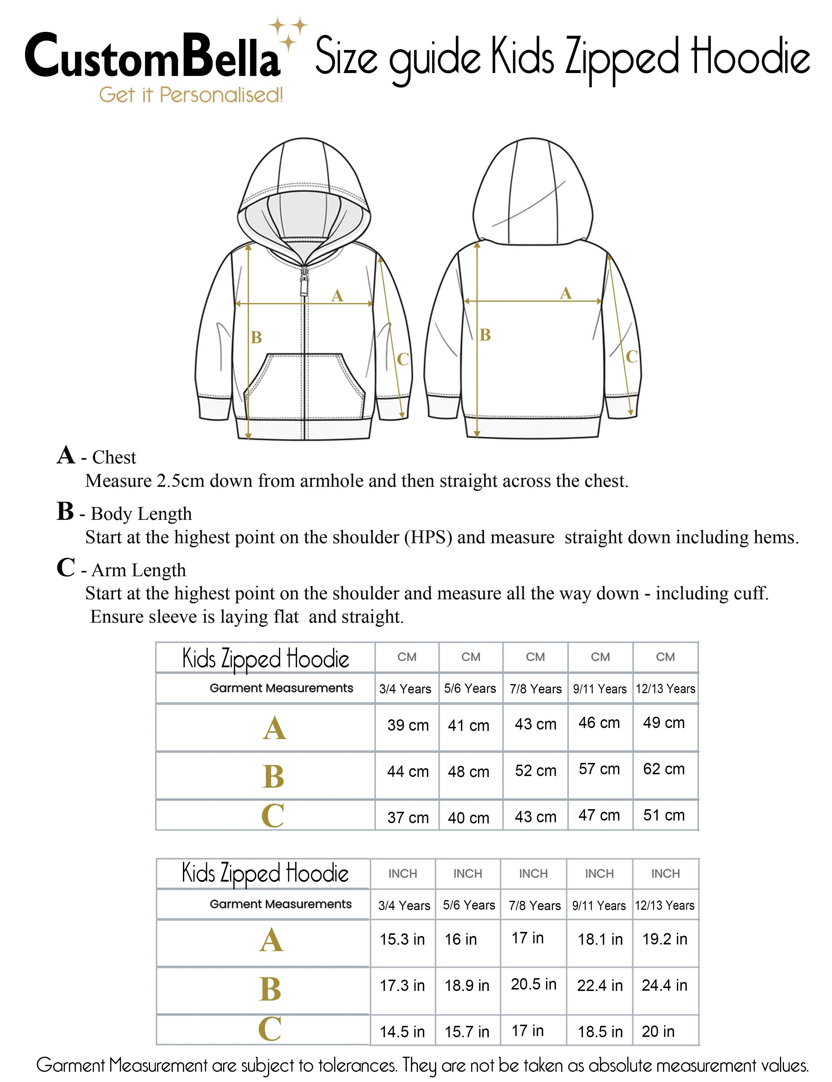 Embroidered Kids Zipped Hoodie Black size chart