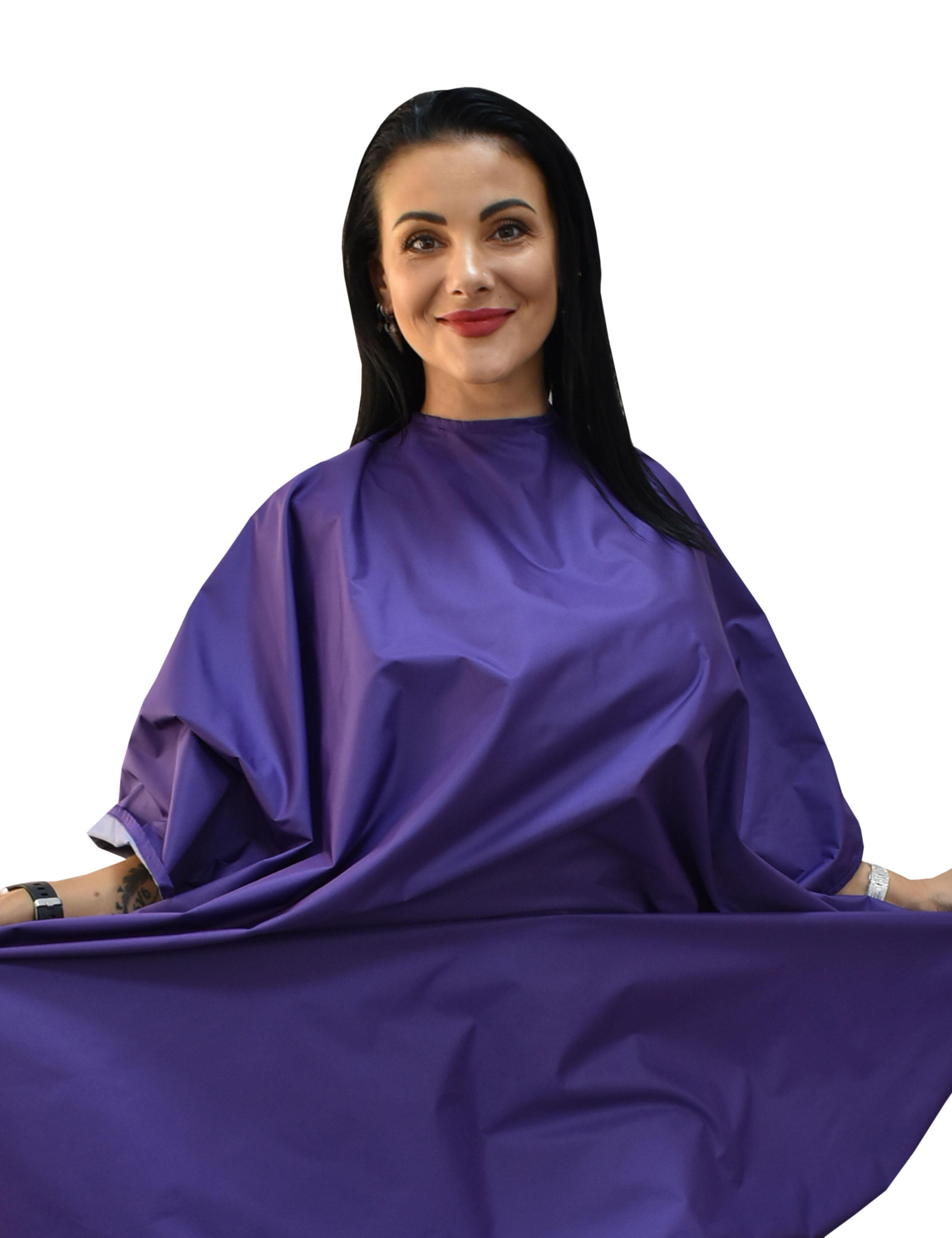 Personalised salon cape purple with poppers printed