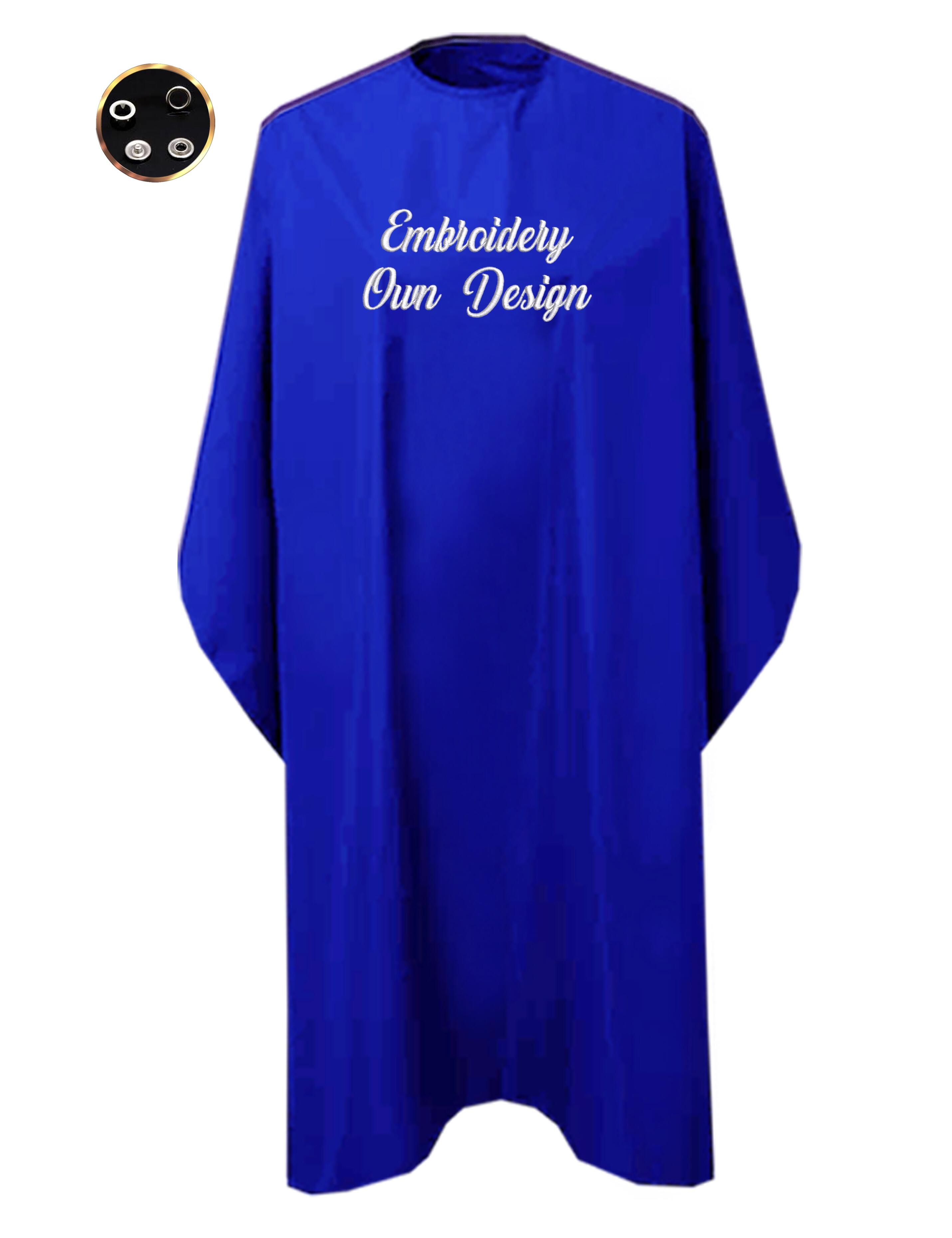 Personalised Hairdressing gown with poppers royal blue with embroidery