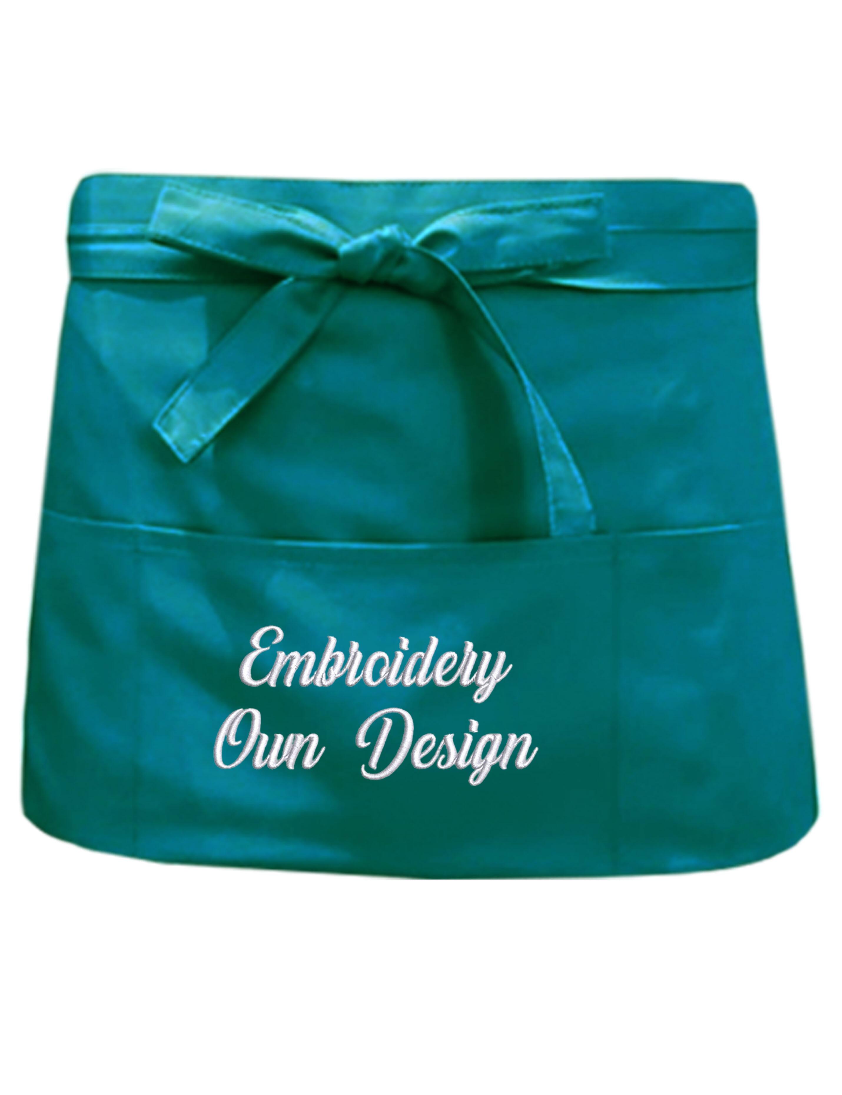 Personalised Short Waist Apron with Pockets teal with embroidery