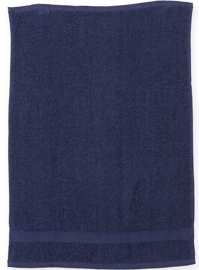 Custom embroidered navy gym towel personalised in-house at our Experience Shop in Greenock for sports or salons.