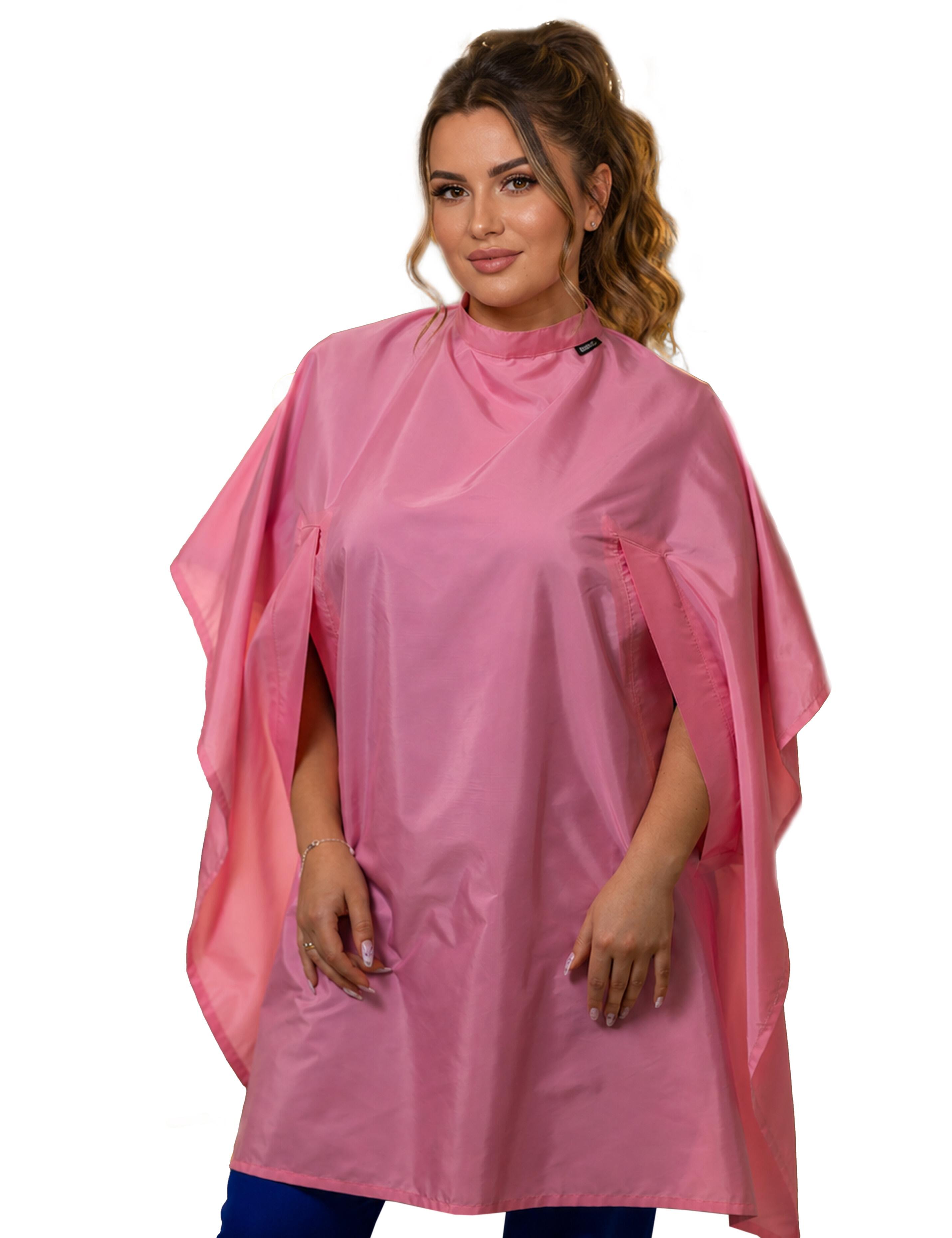Pink Barbie salon gown with hand slits for professional hairdressing