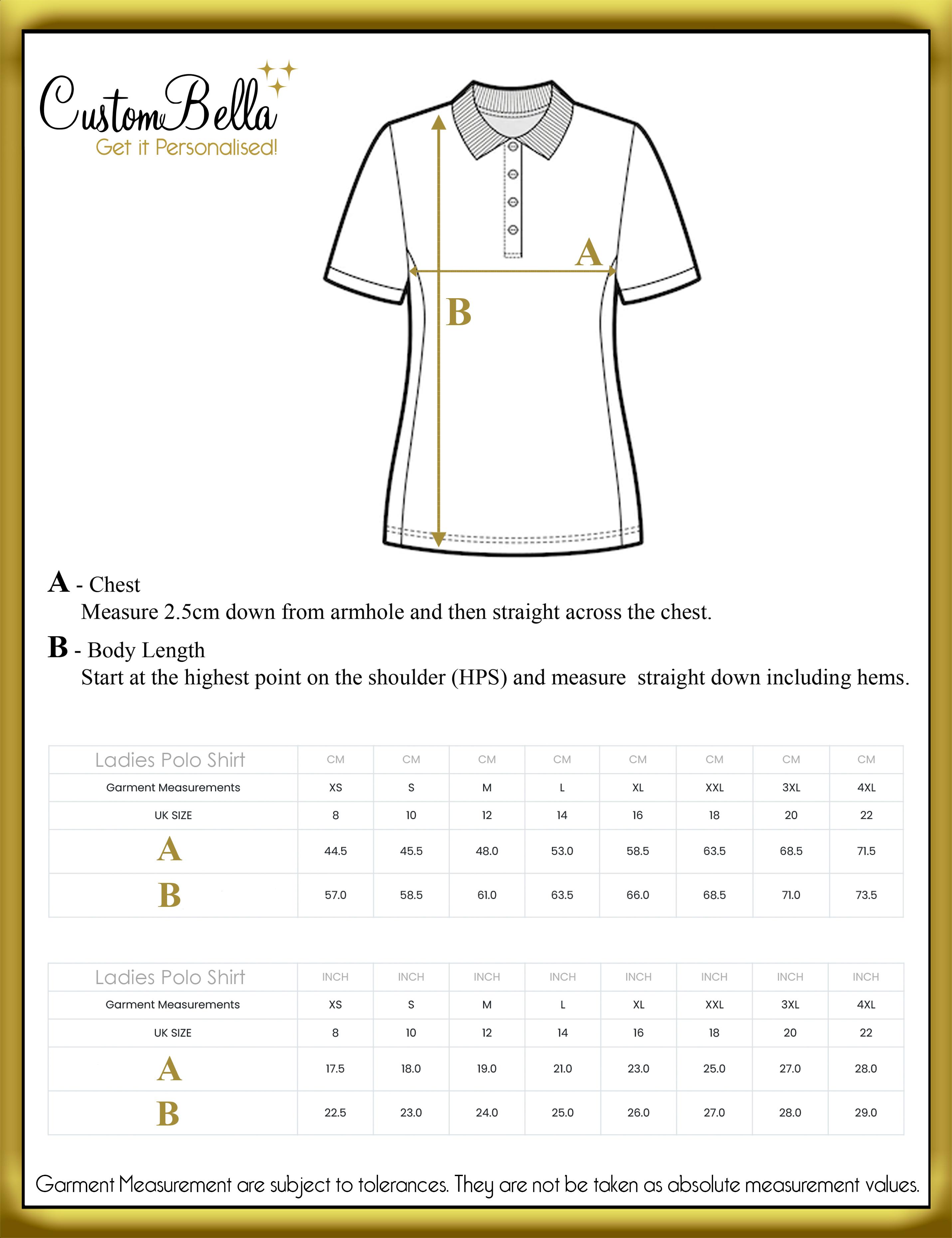 Full Colour Printed Women's Polo Shirt size chart