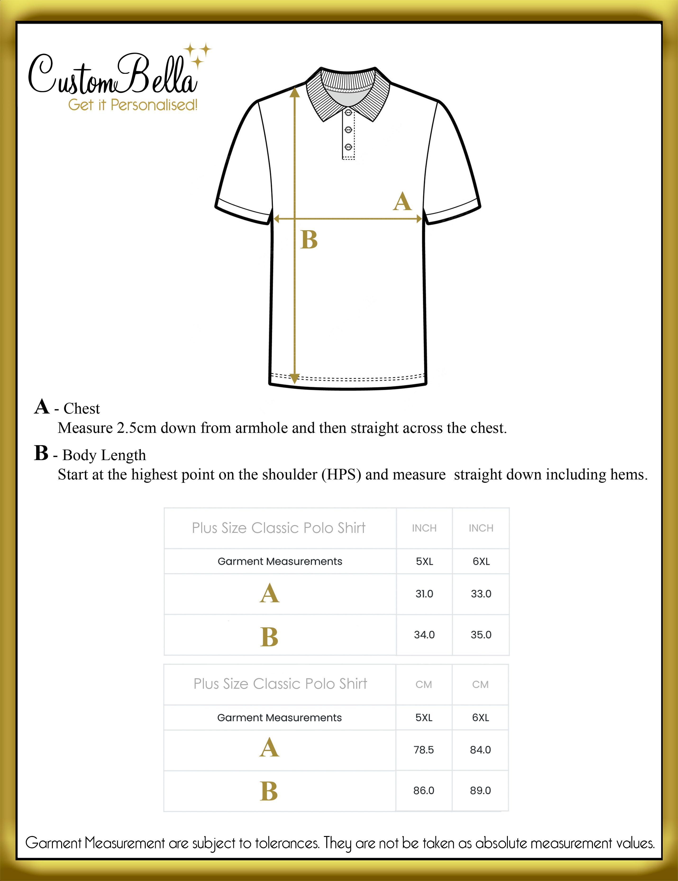 Personalised Plus Size Printed Polo Shirt size chart