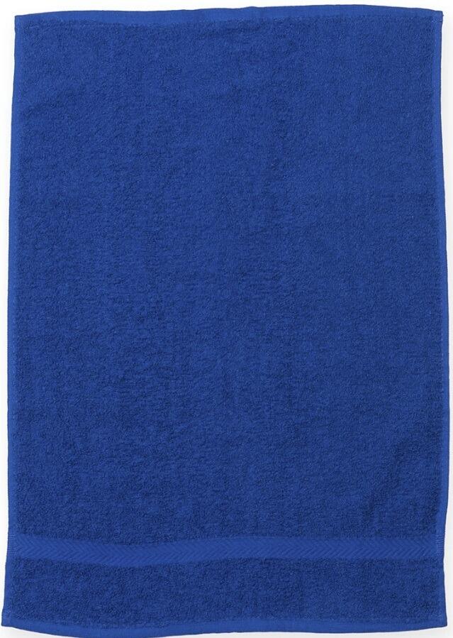 Custom embroidered royal blue gym towel personalised in-house at our Experience Shop in Greenock for sports or salons.