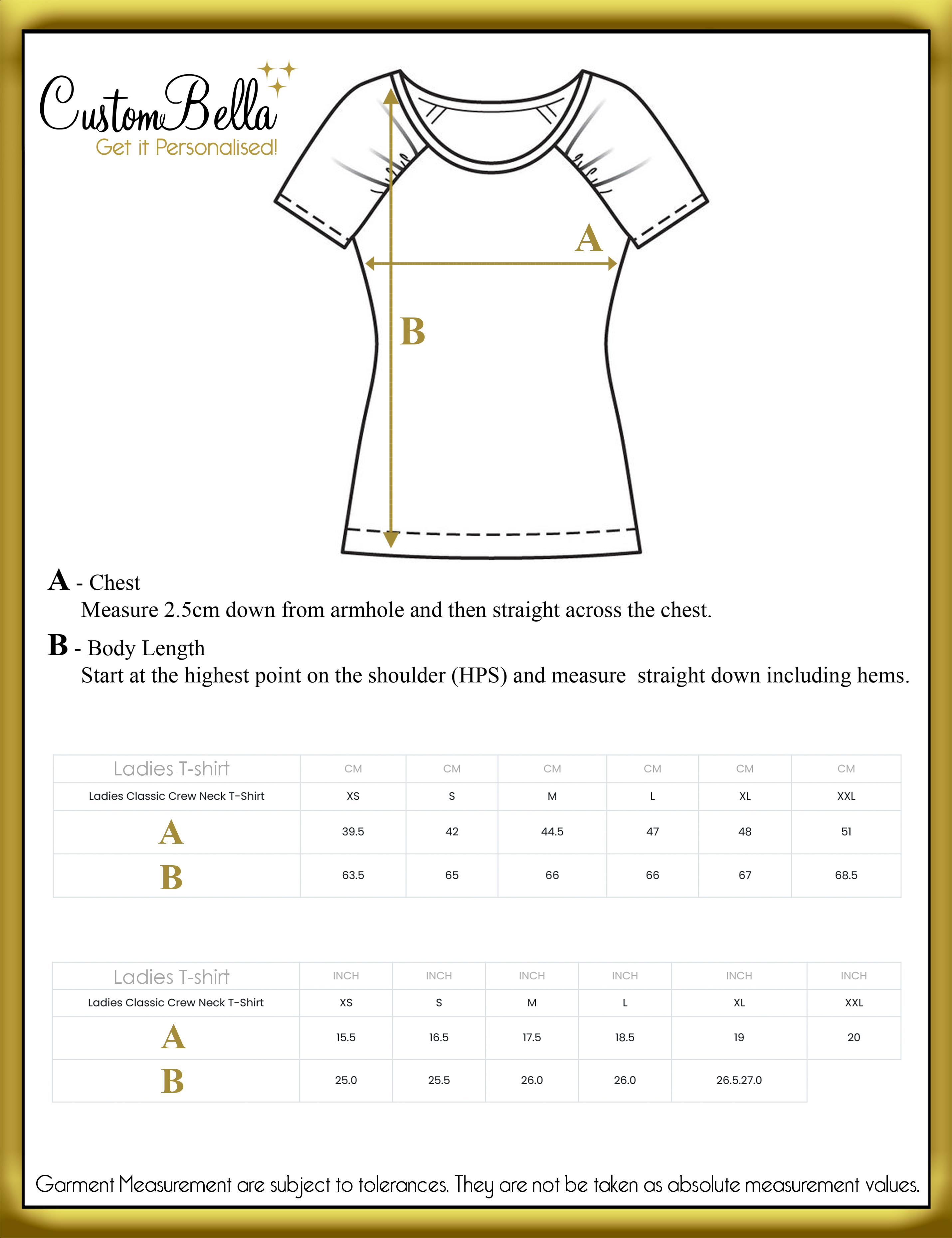 Personalised women's t-shirt printed size chart