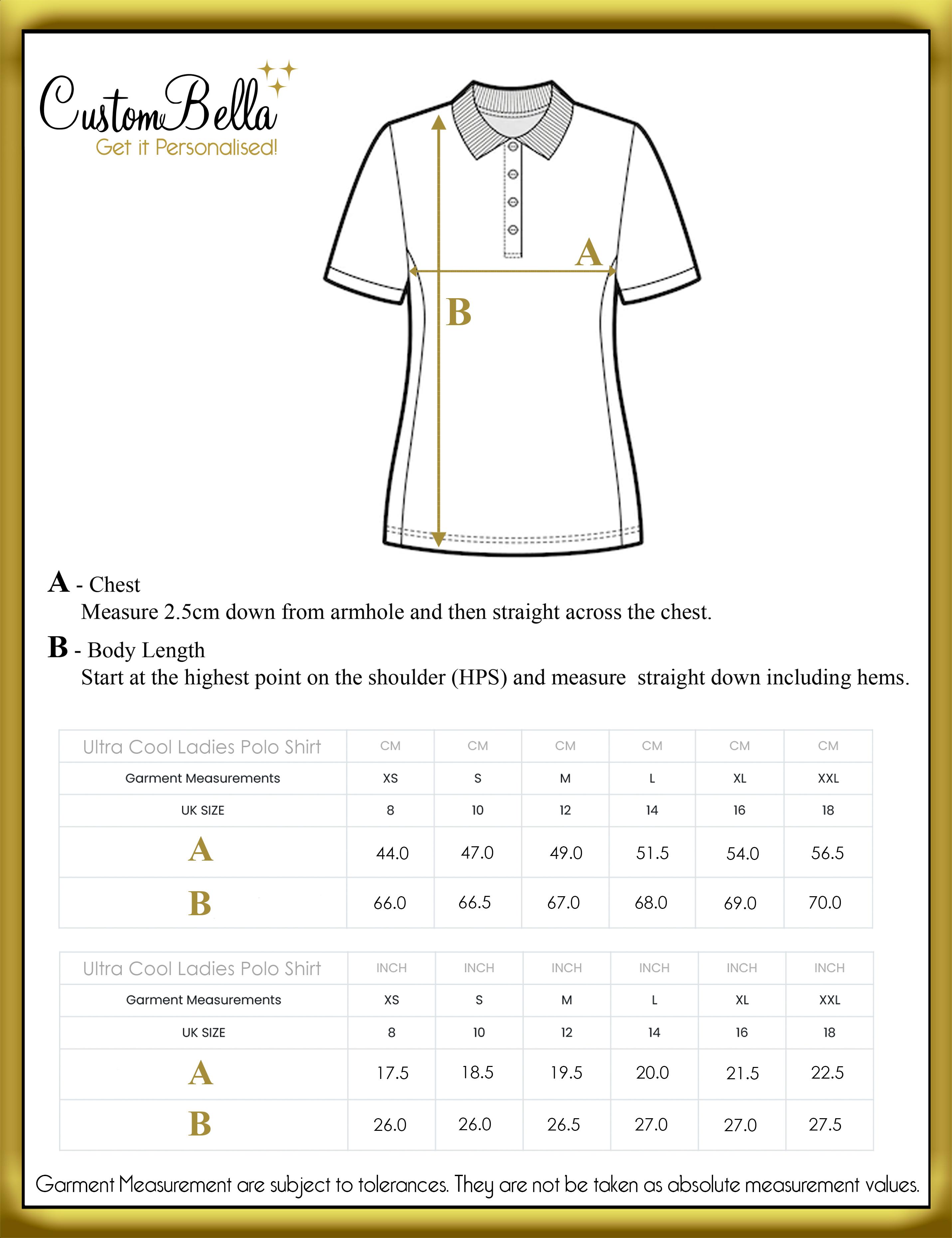 Printed Women's Dri Fit Polo Shirt size chart