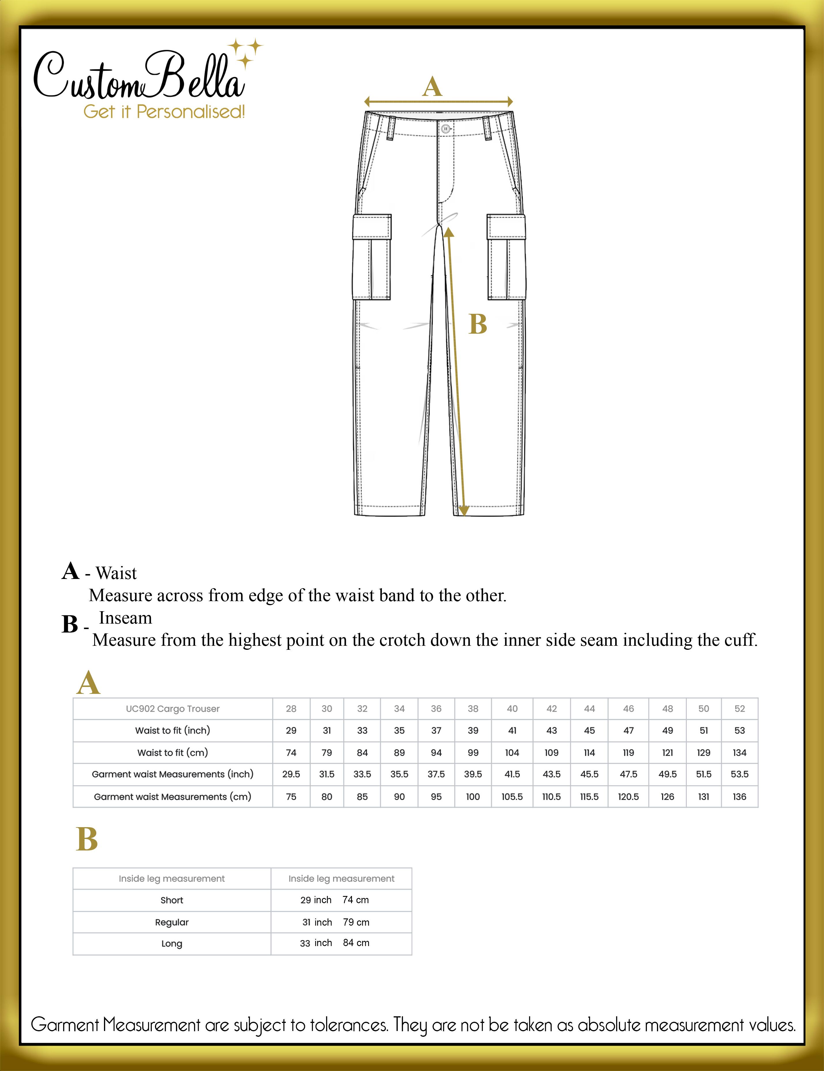 Personalised cargo trouser size chart