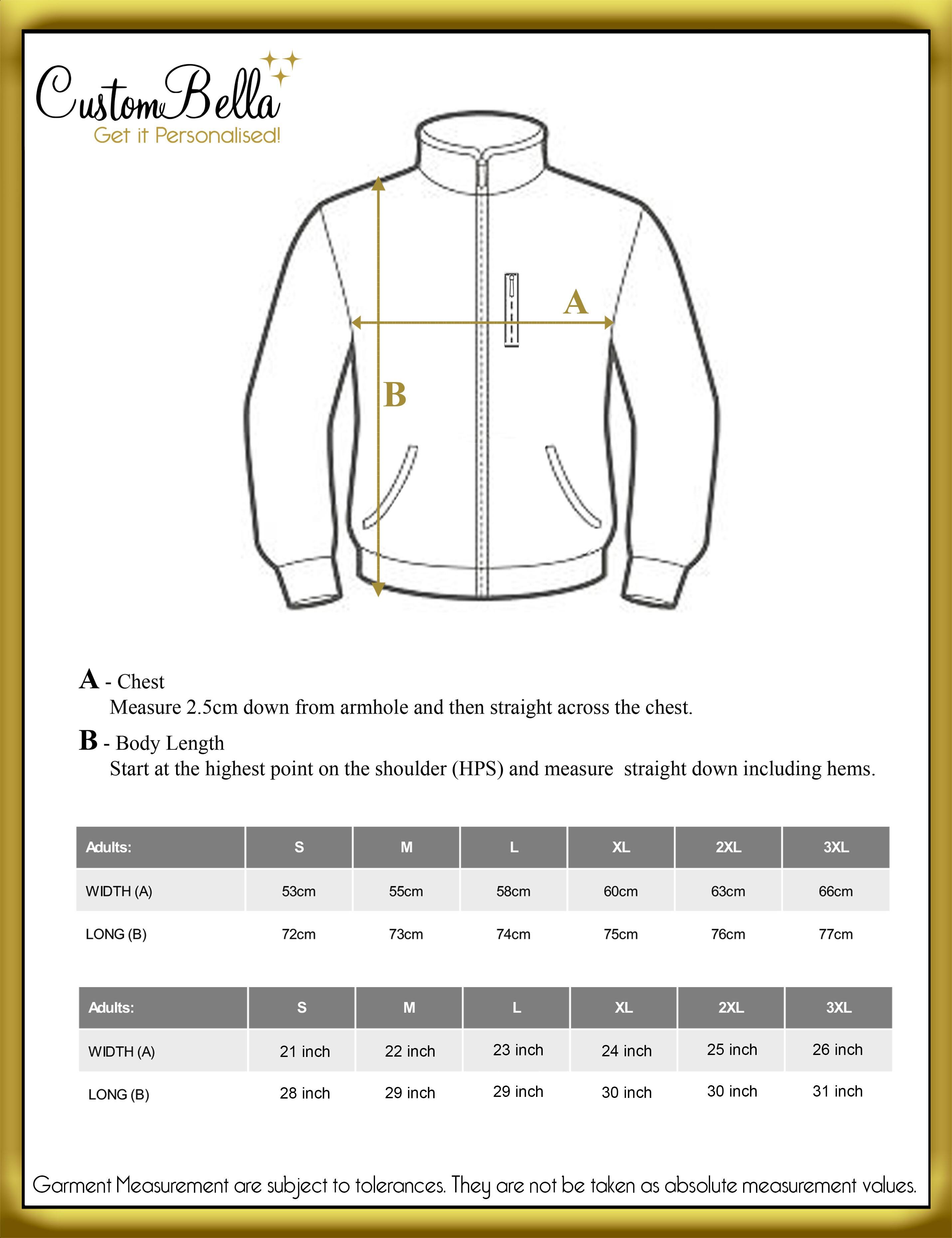 Personalised Softshell Jacket printed size chart