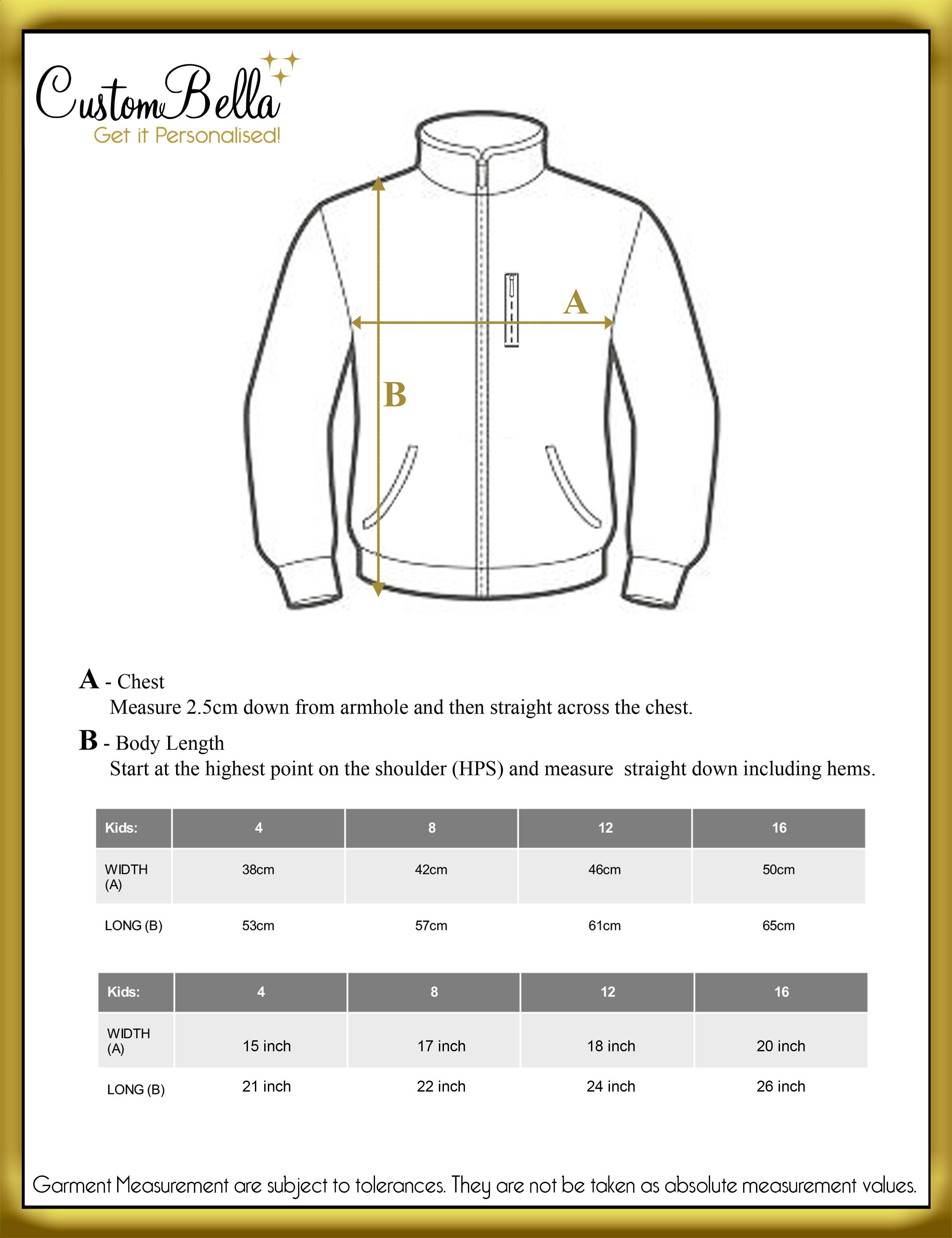 Personalised kids softshell jacket printed size chart