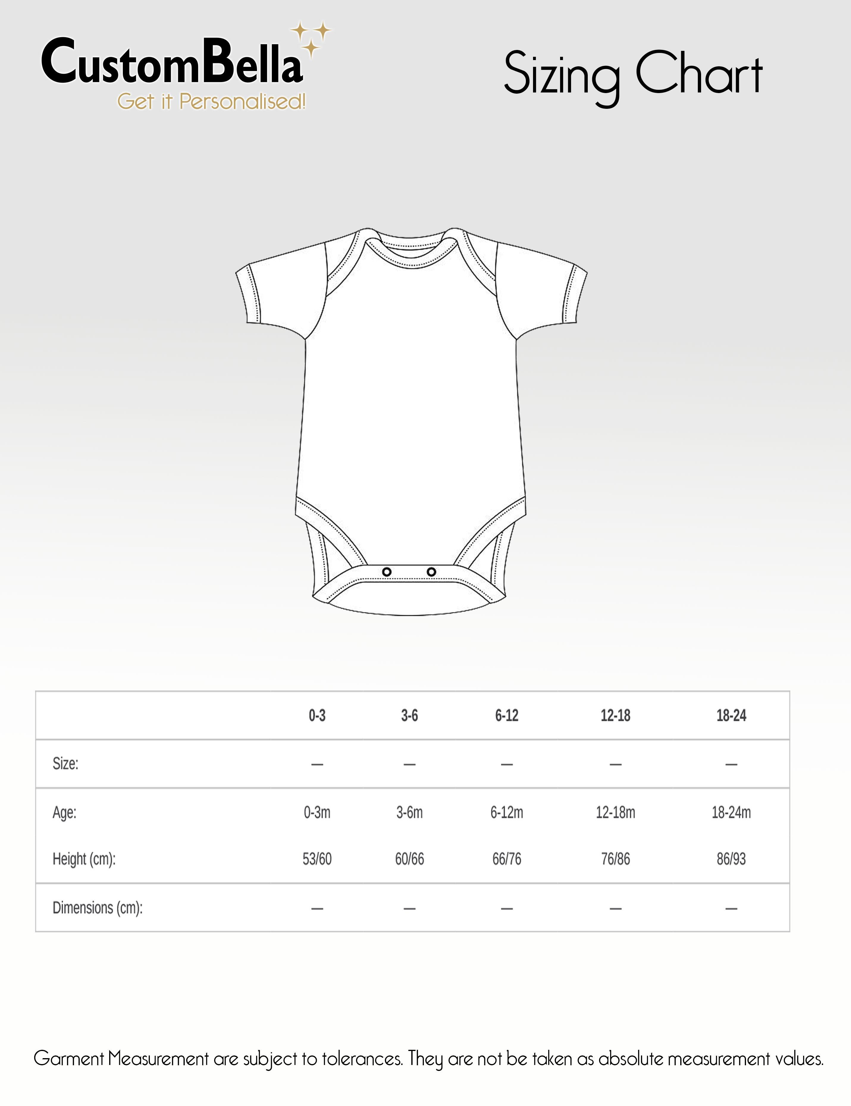 Personalised Gender Short Sleeve Baby Bodysuit size chart