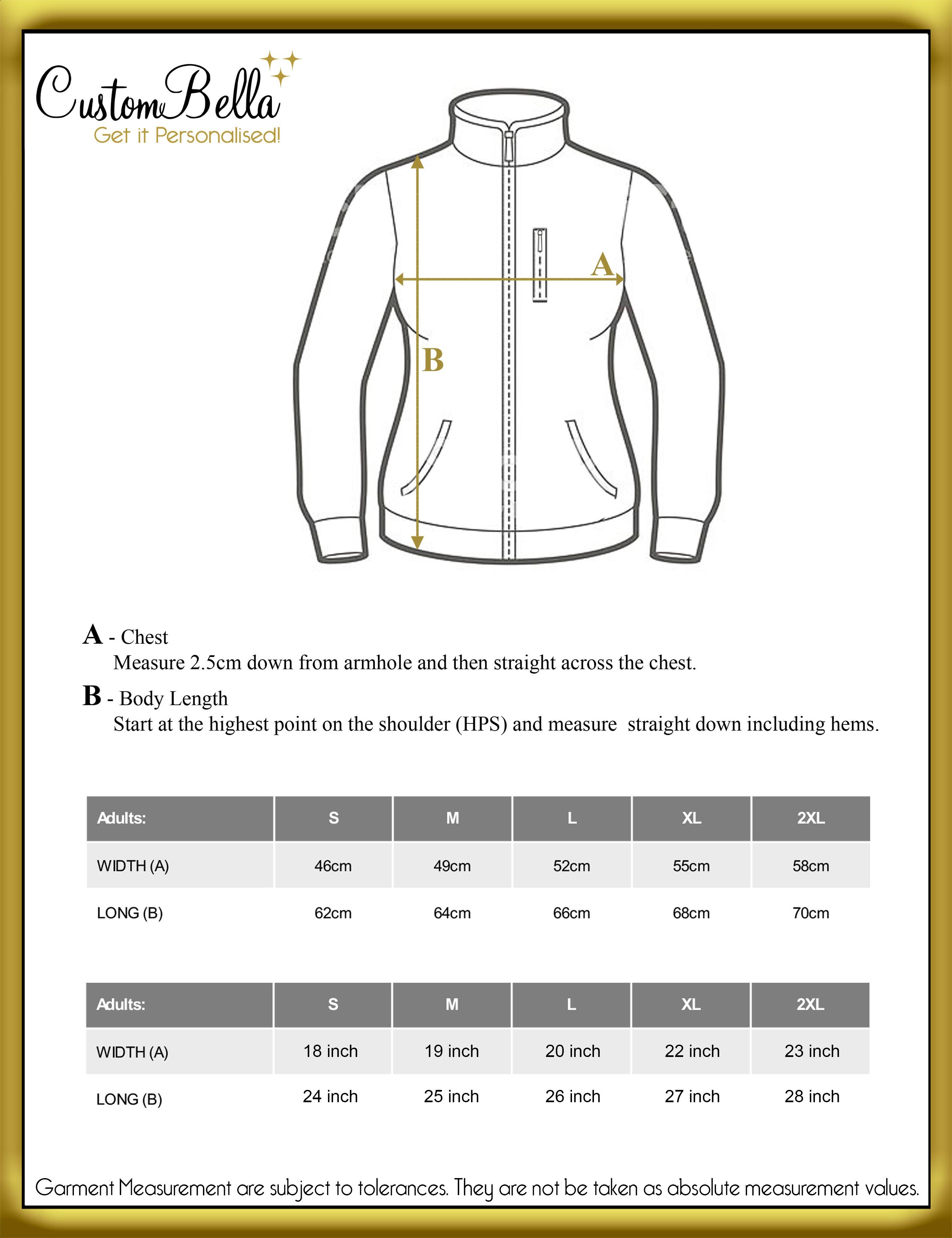 Personalised women's softshell jacket printed size chart