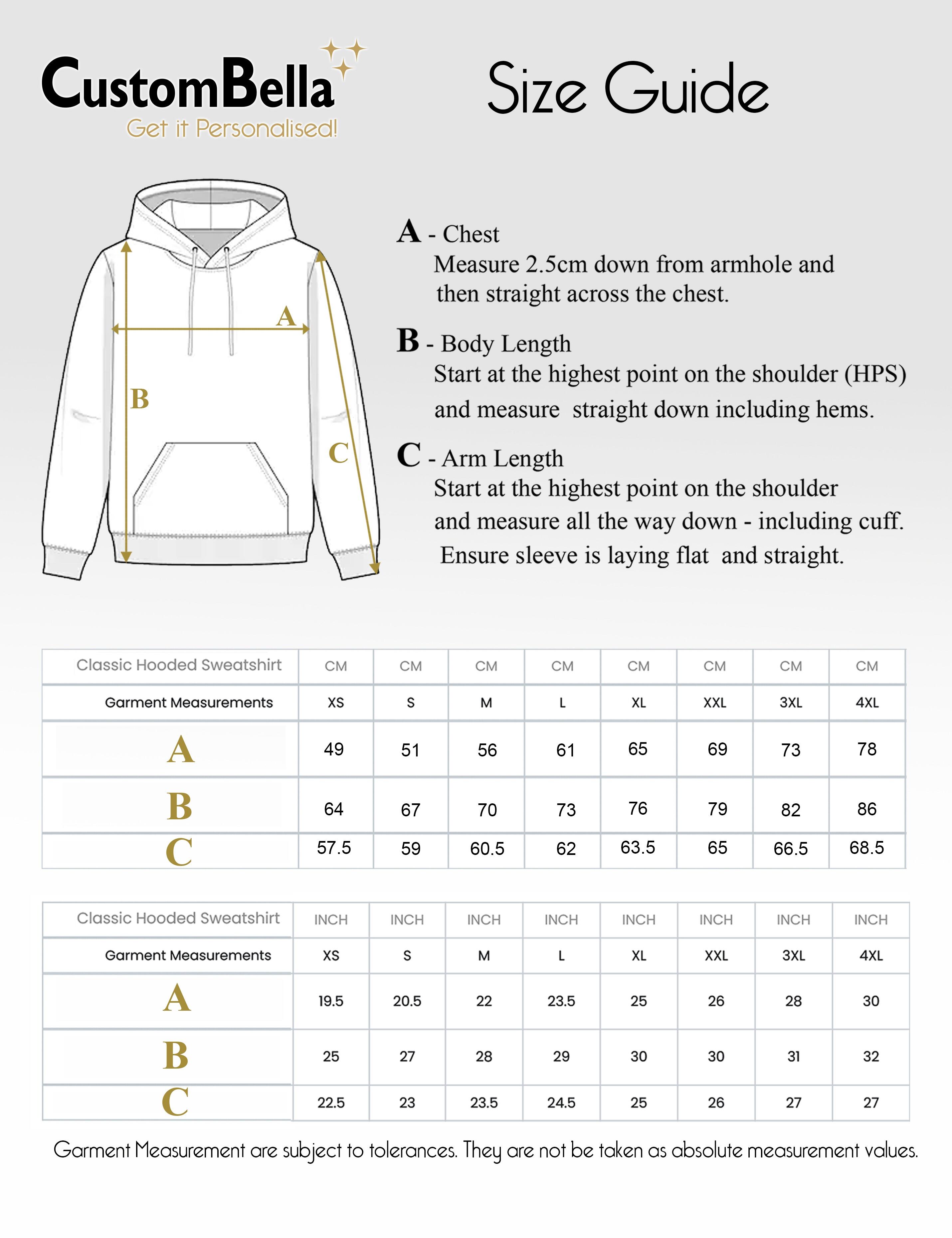 Full colour printed Hoodie size chart