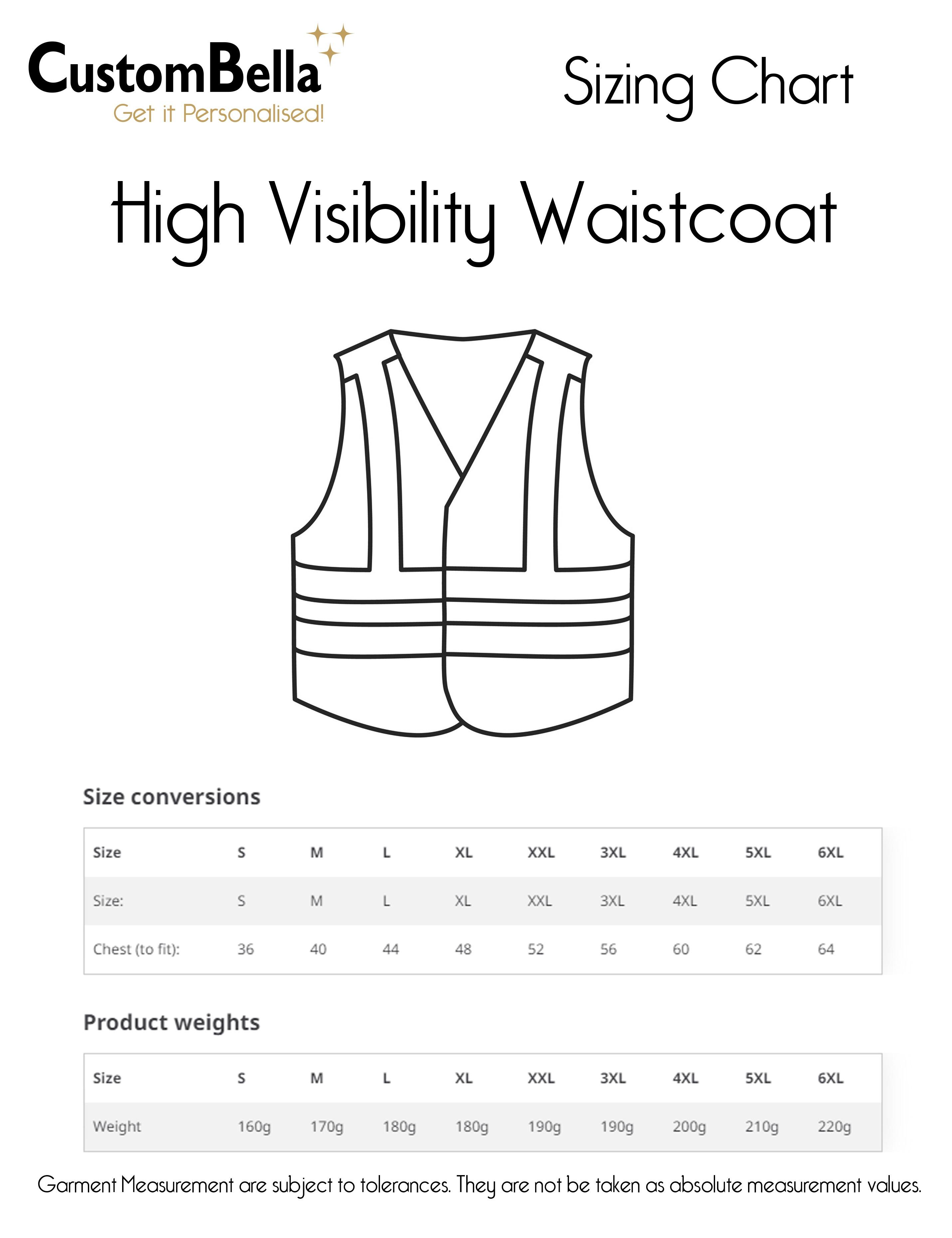 Unisex High Visibility Waistcoat Pink size chart