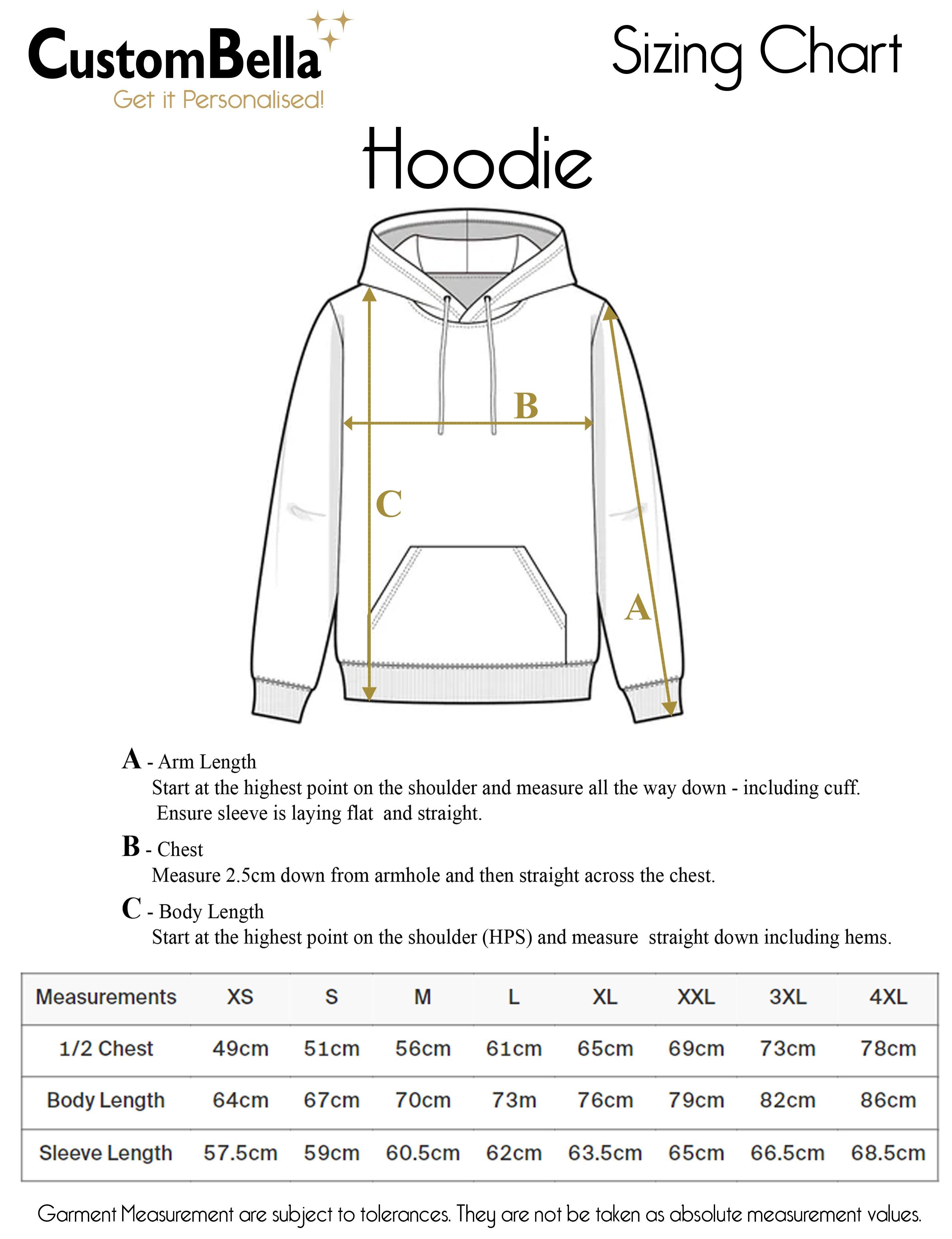 Personalised Printed Hoodie White size chart