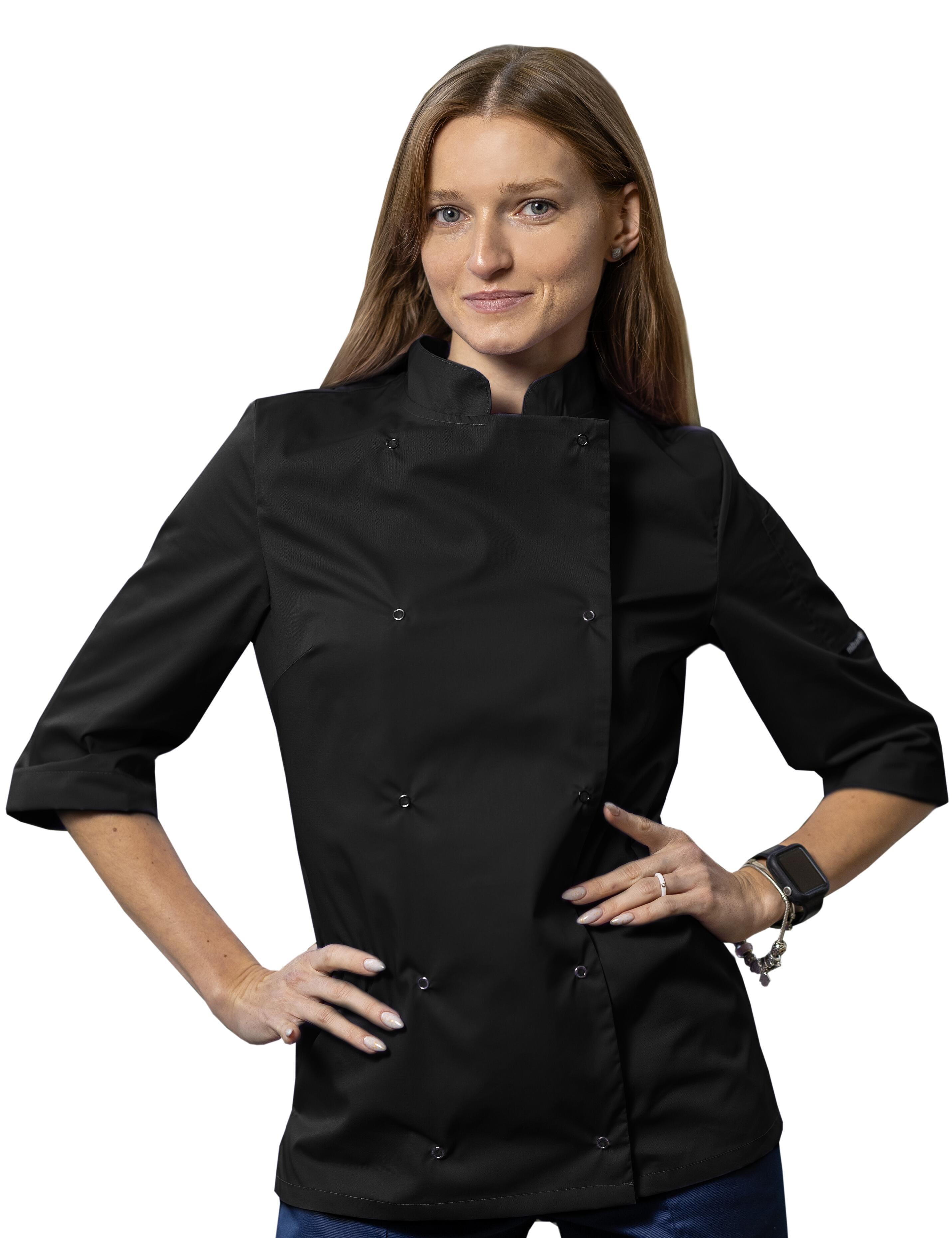 Custom ladies quarter sleeve Chef's Jacket Black with print
