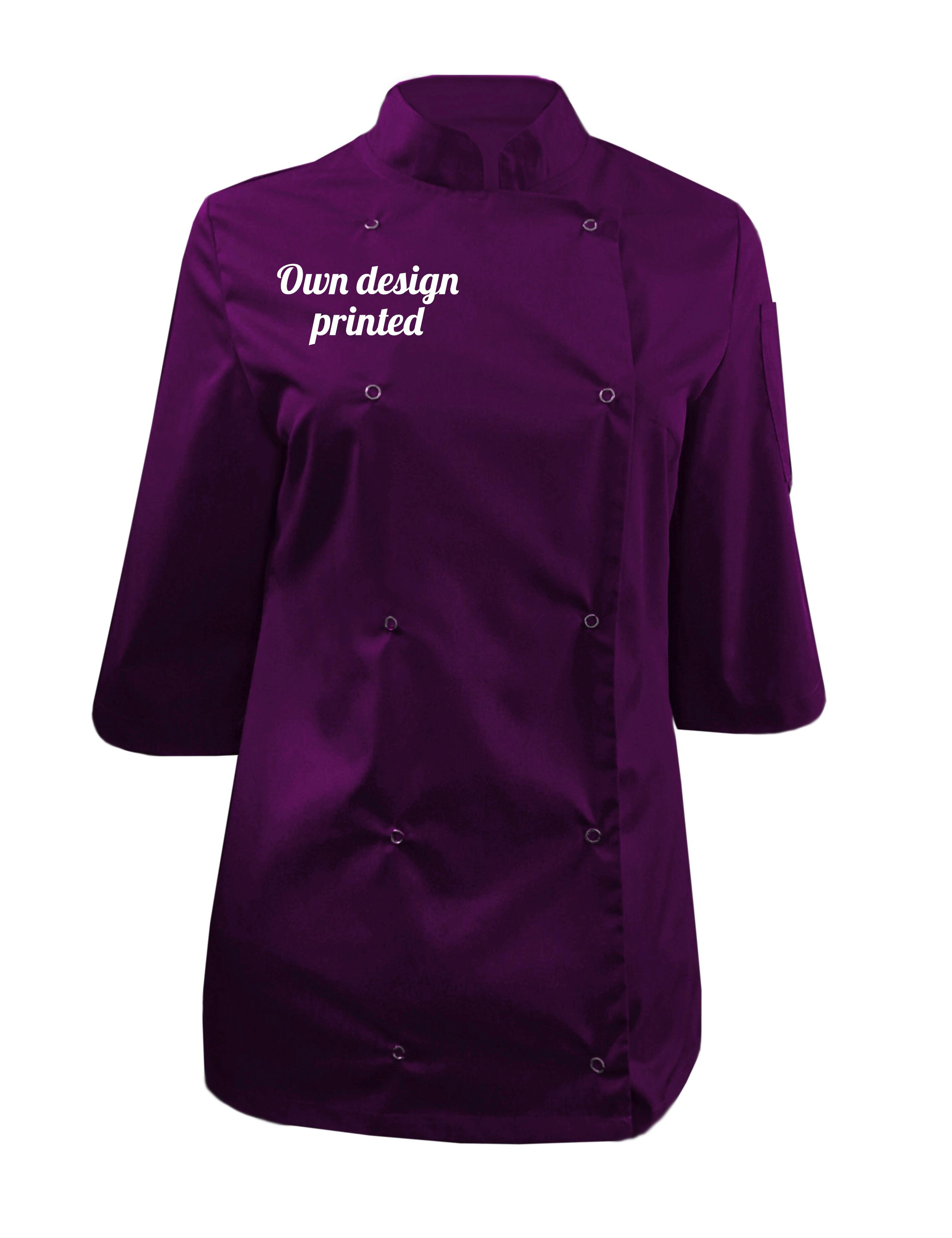 Personalised Women's quarter sleeve Chef's Jacket Purple with print