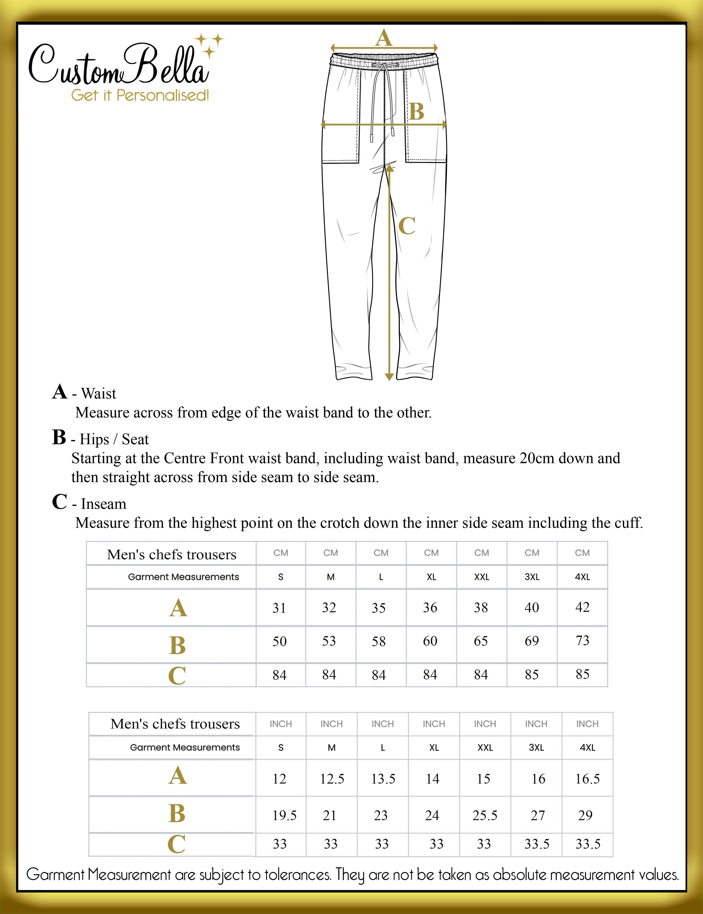Printed Unisex Chef's Trouser size chart