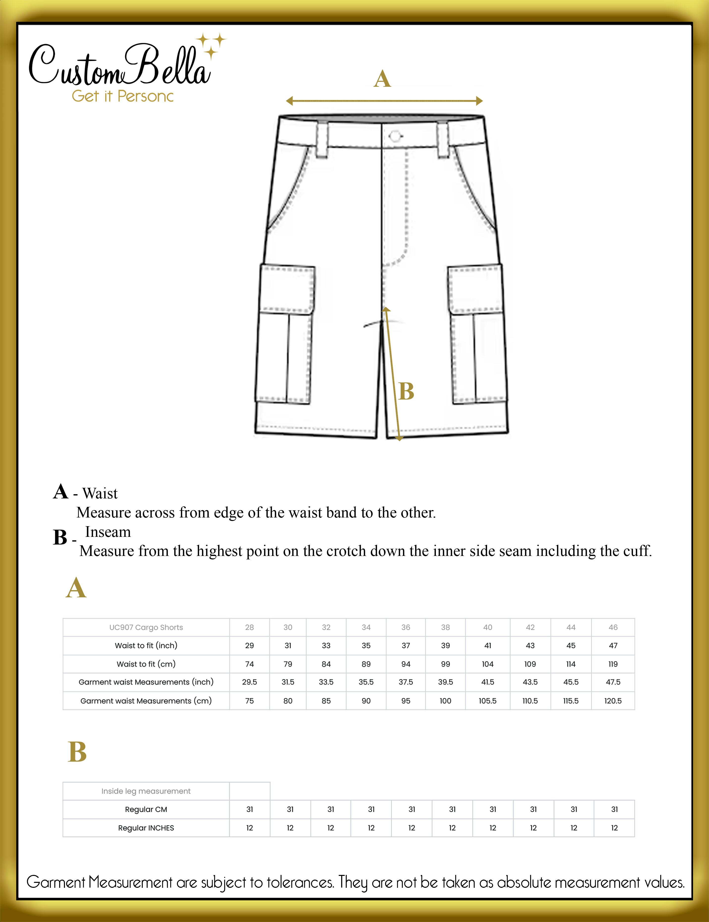 Personalised workwear short  size chart