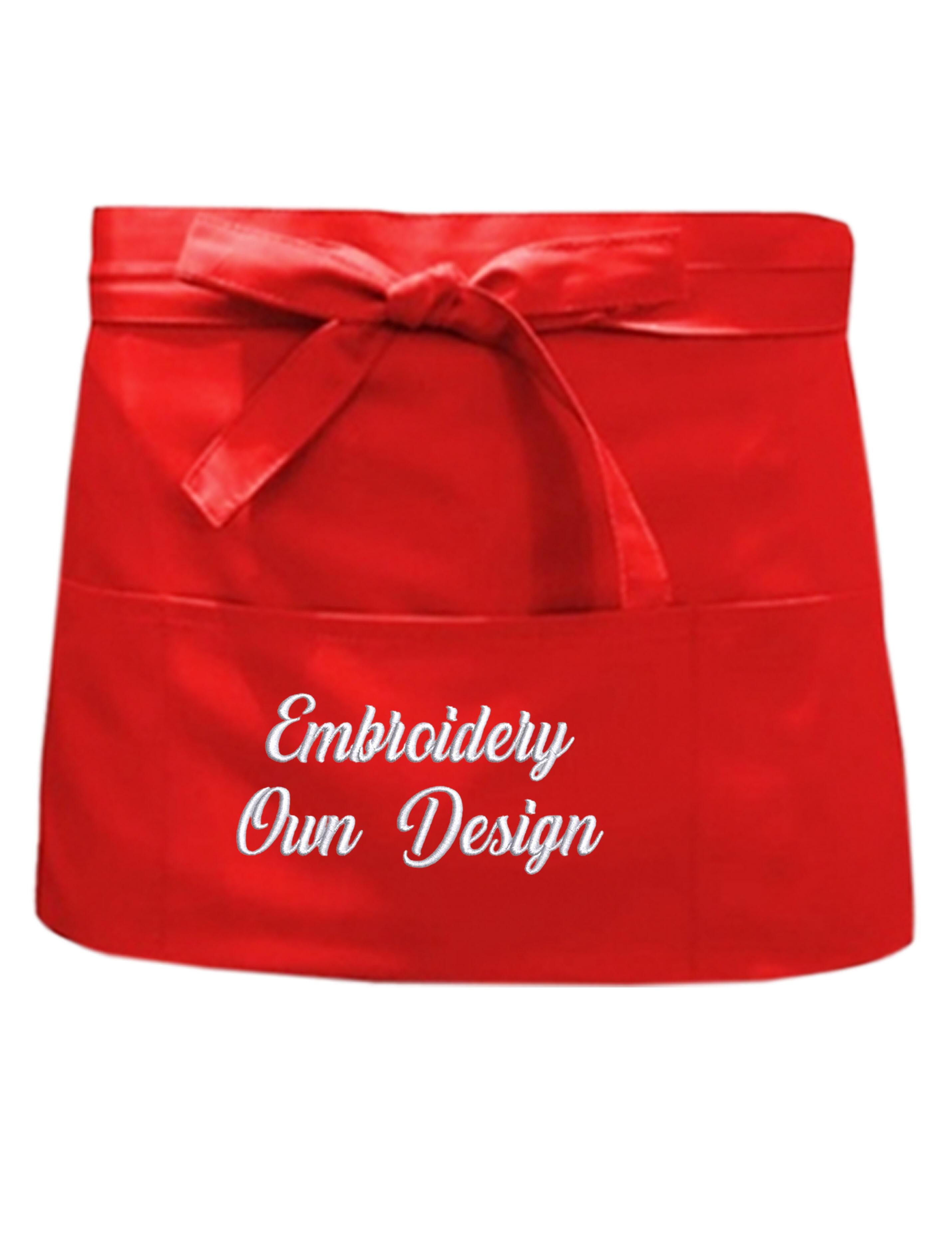 Personalised Short Waist Apron with Pockets red with embroidery