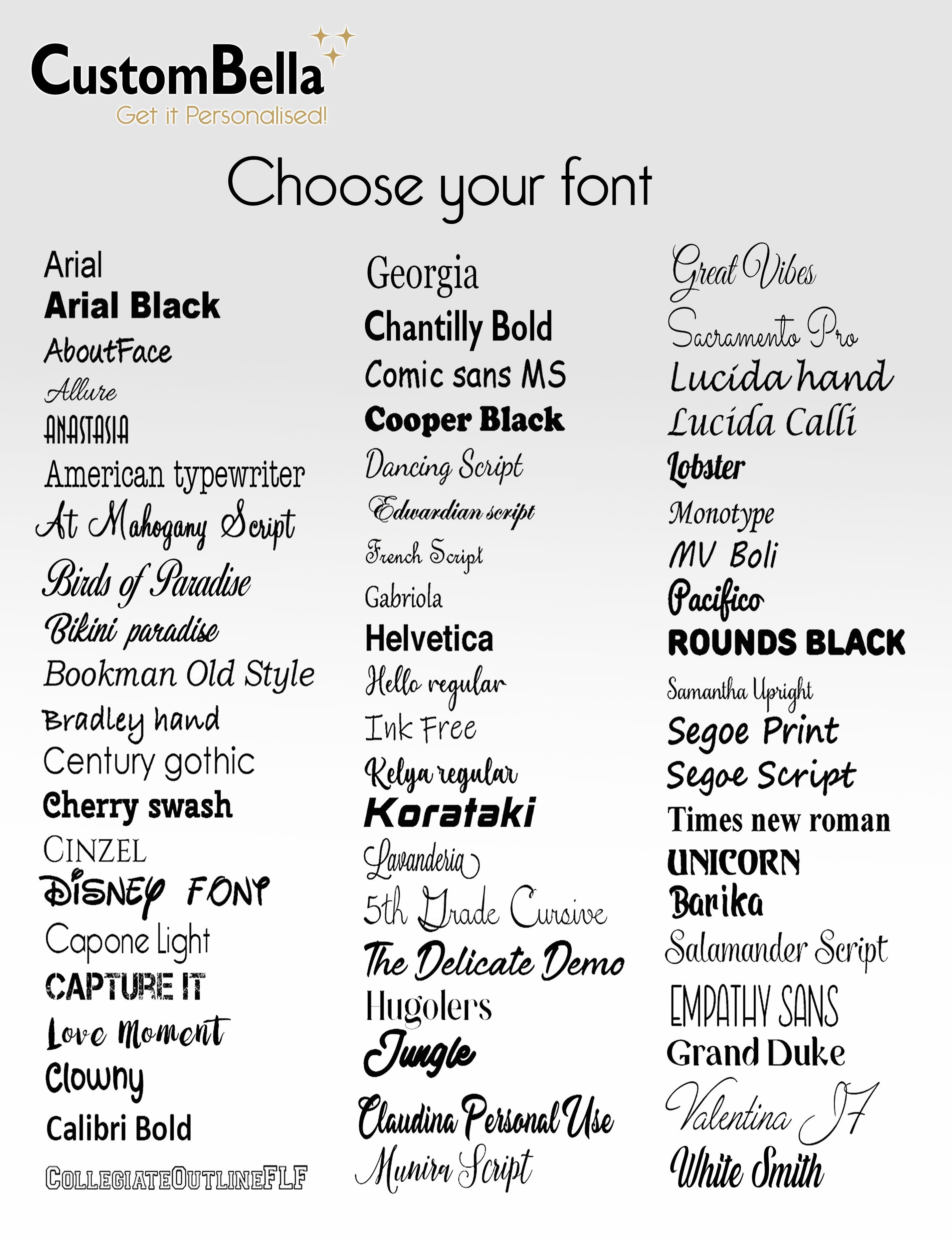 Custombella standard fonts to select to print