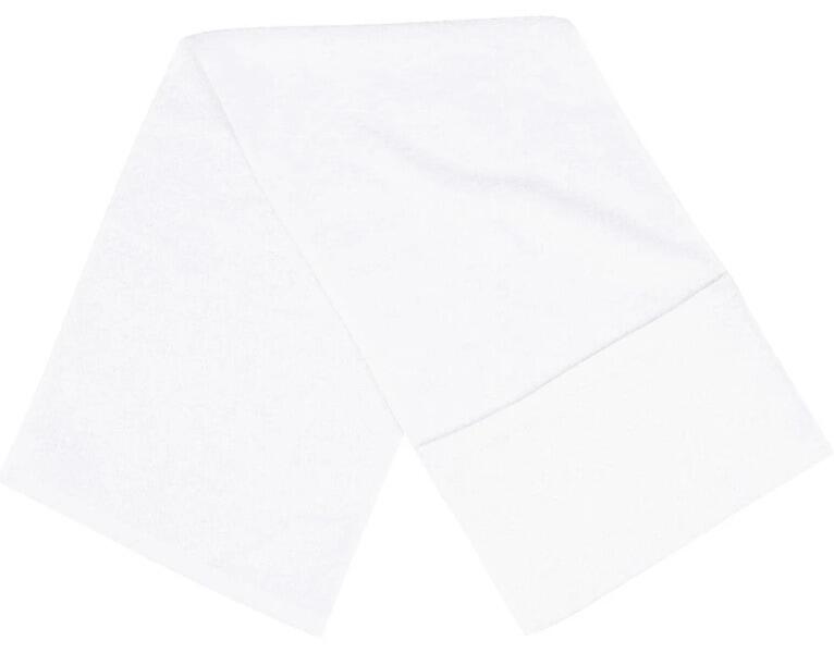 Custom embroidered white gym towel with secure storage pocket personalised at our Experience Shop in Greenock.