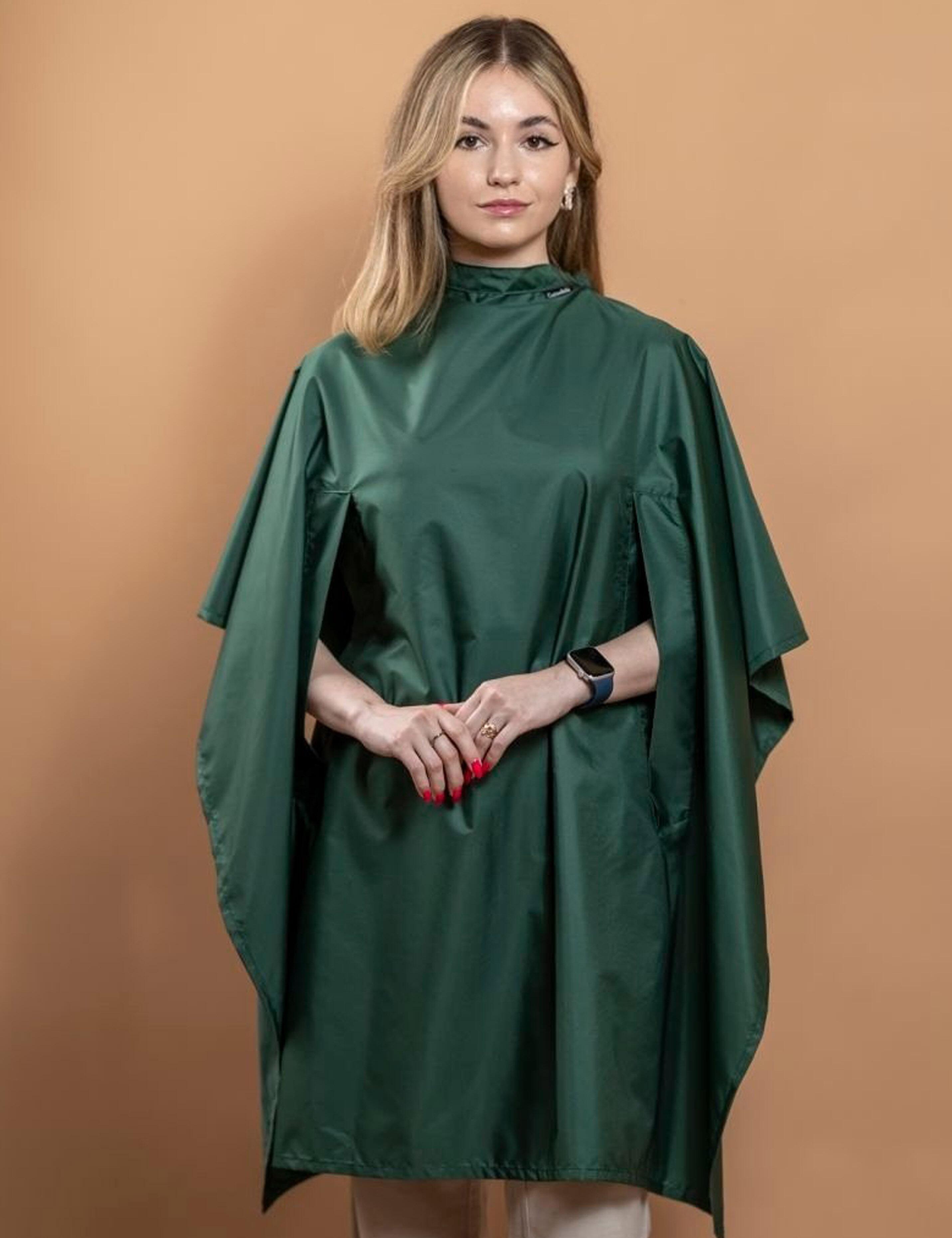 Bottle green salon gown with hand slits for hairdressing and styling