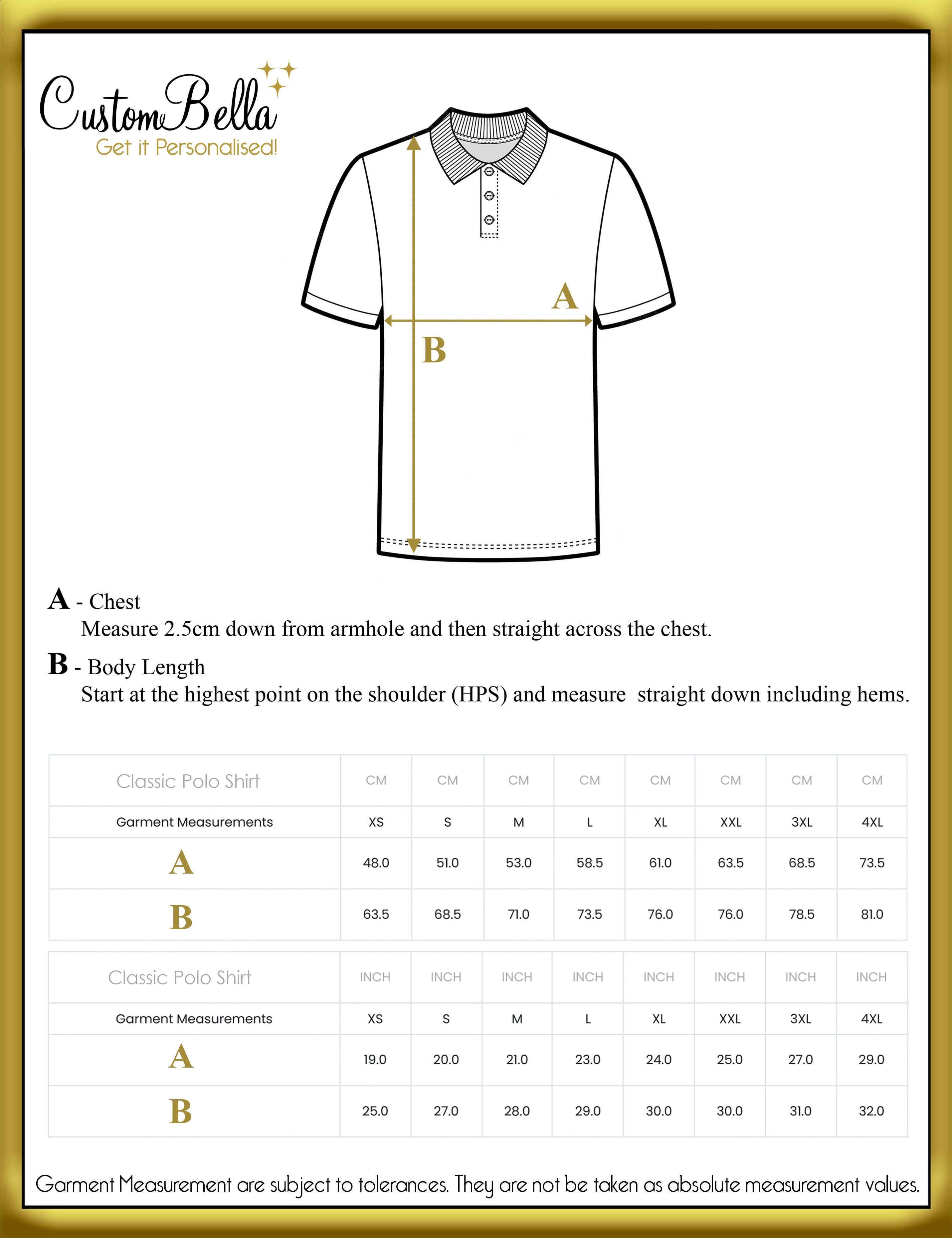 Full Colour Printed Polo Shirt  size chart