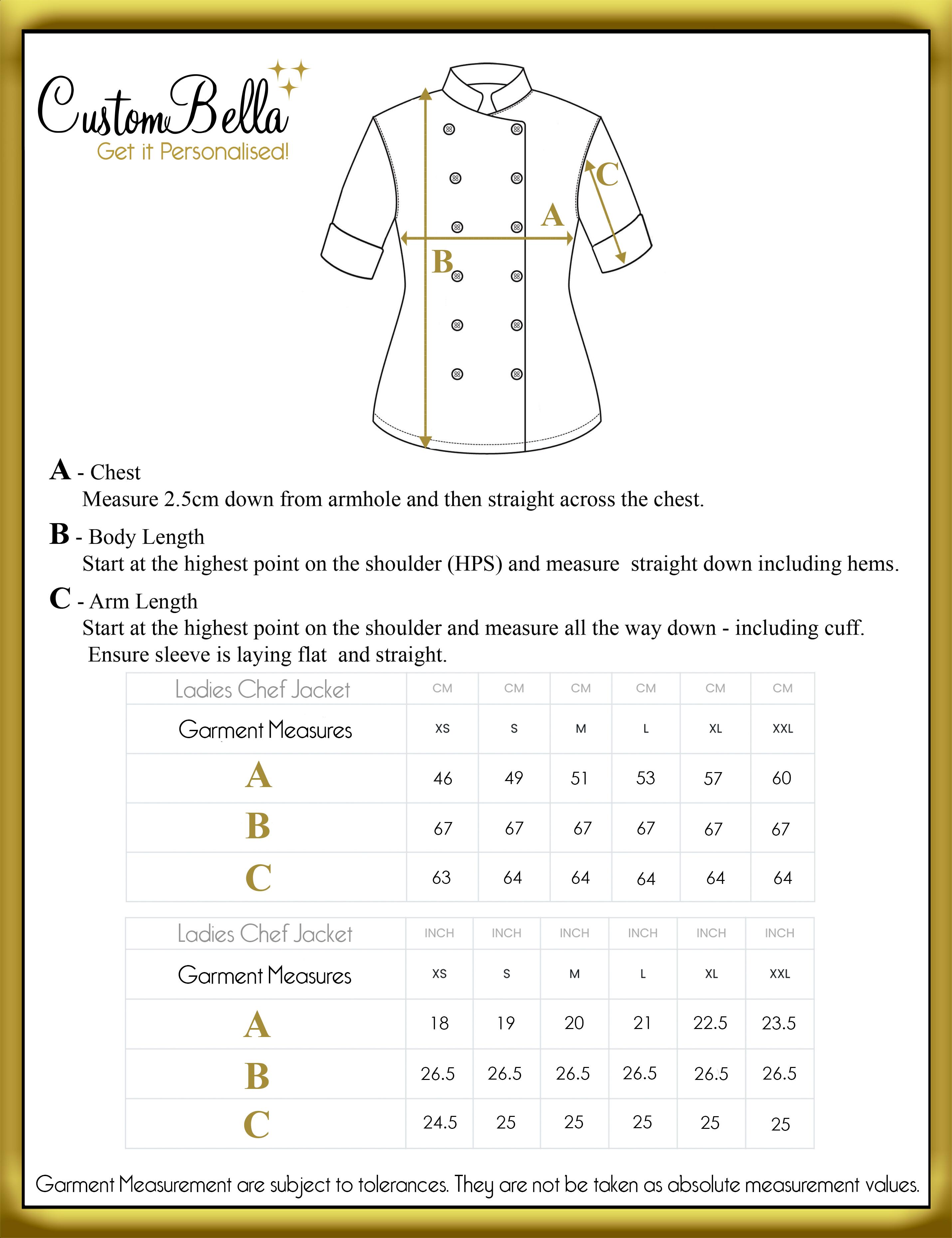 Women's short sleeve chef's Jacket size chart