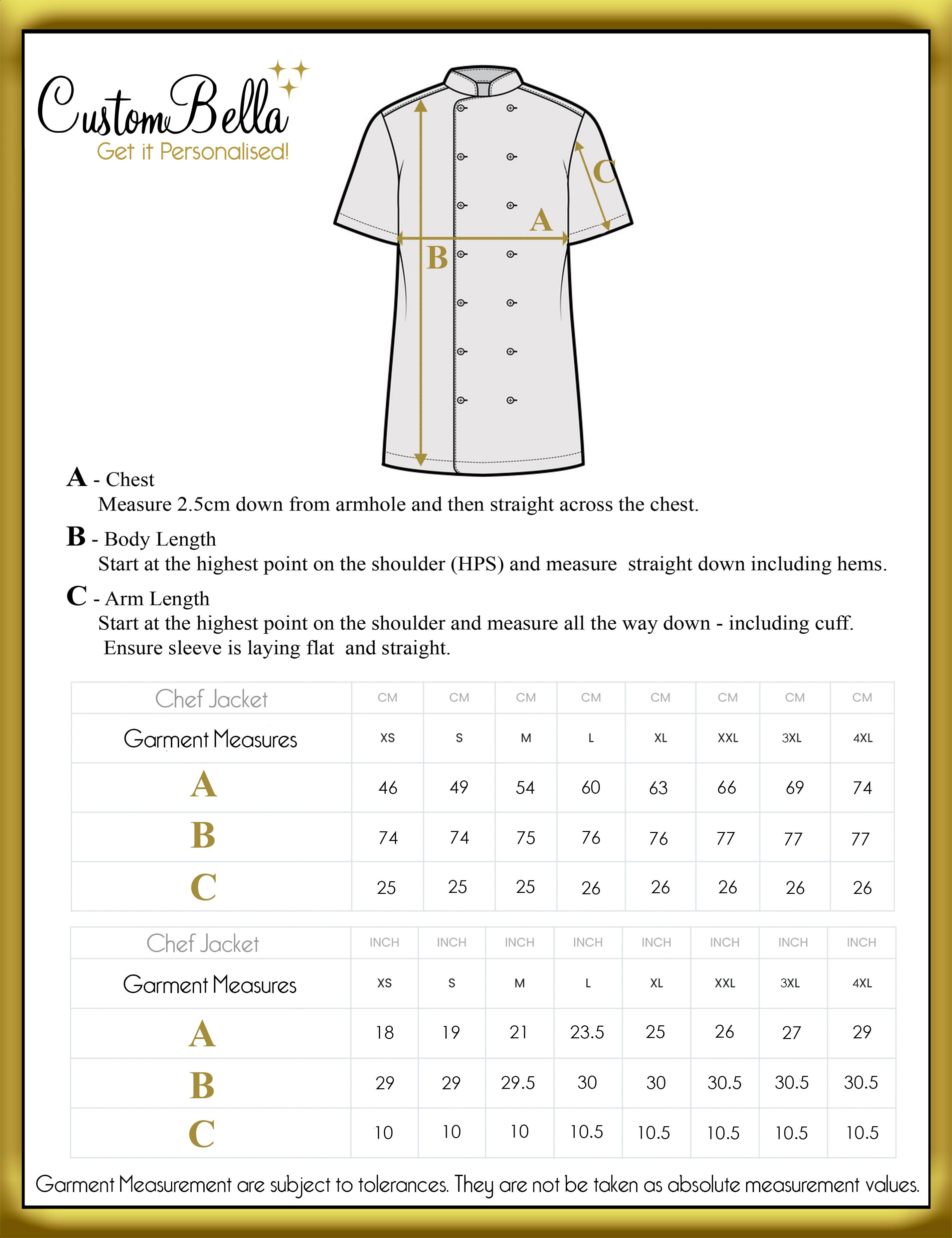 Personalised Short Sleeve Chef's Jacket White size chart