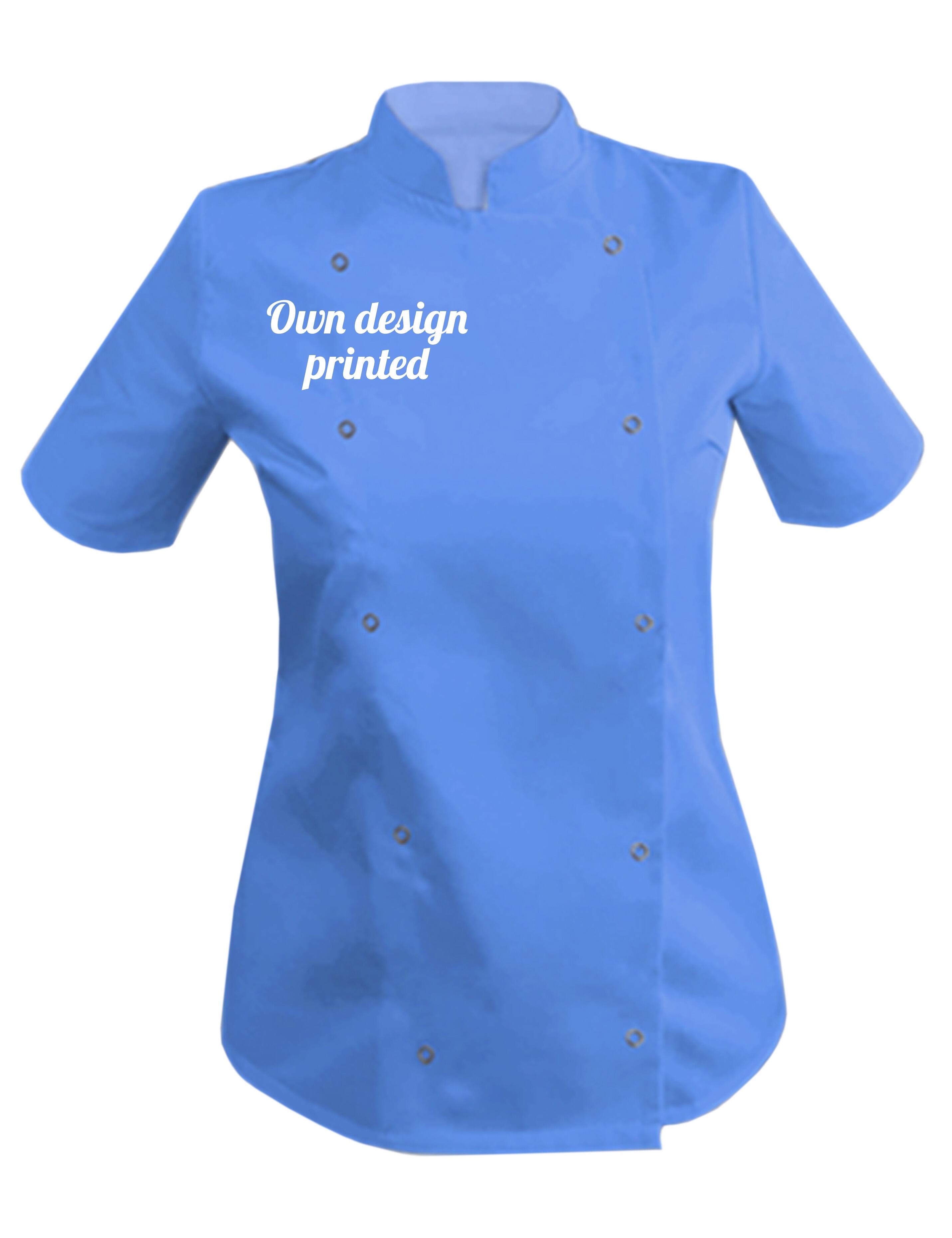 Personalised Women's Short Sleeve Chef's Jacket light blue with print