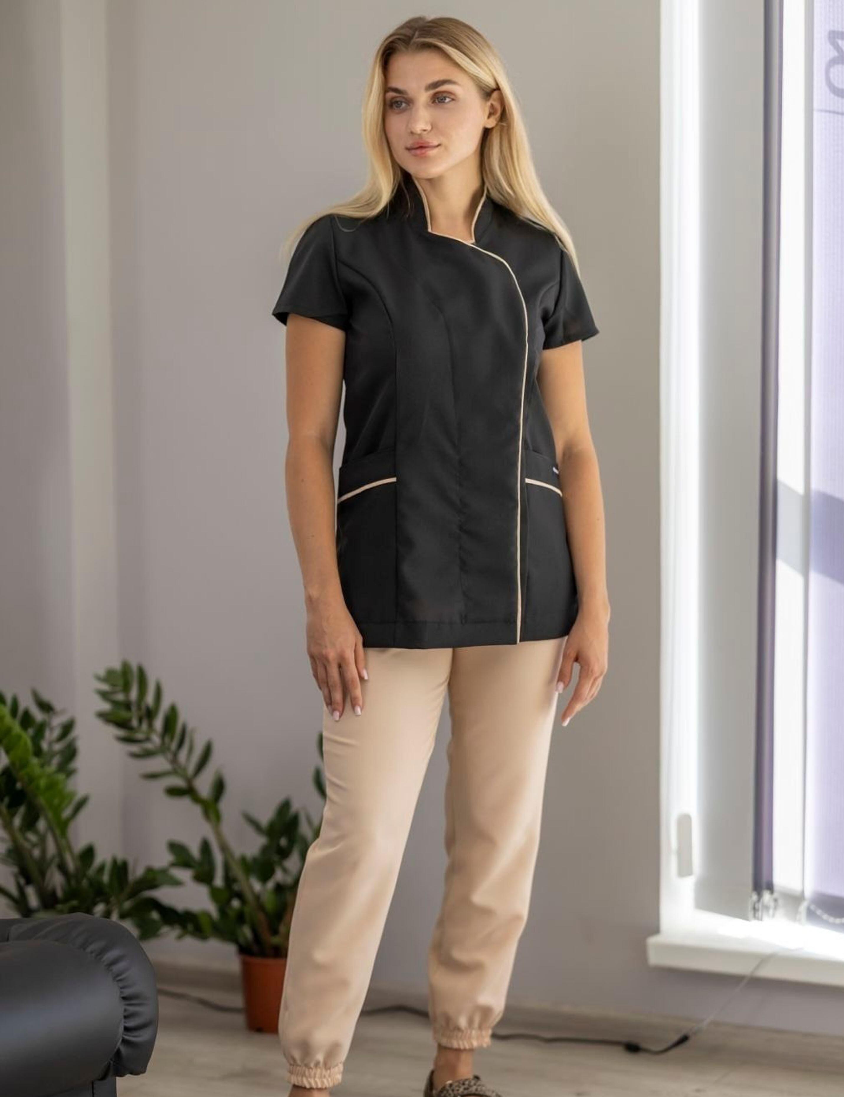 Hairdresser and beautician tunic black beige bi-colour style