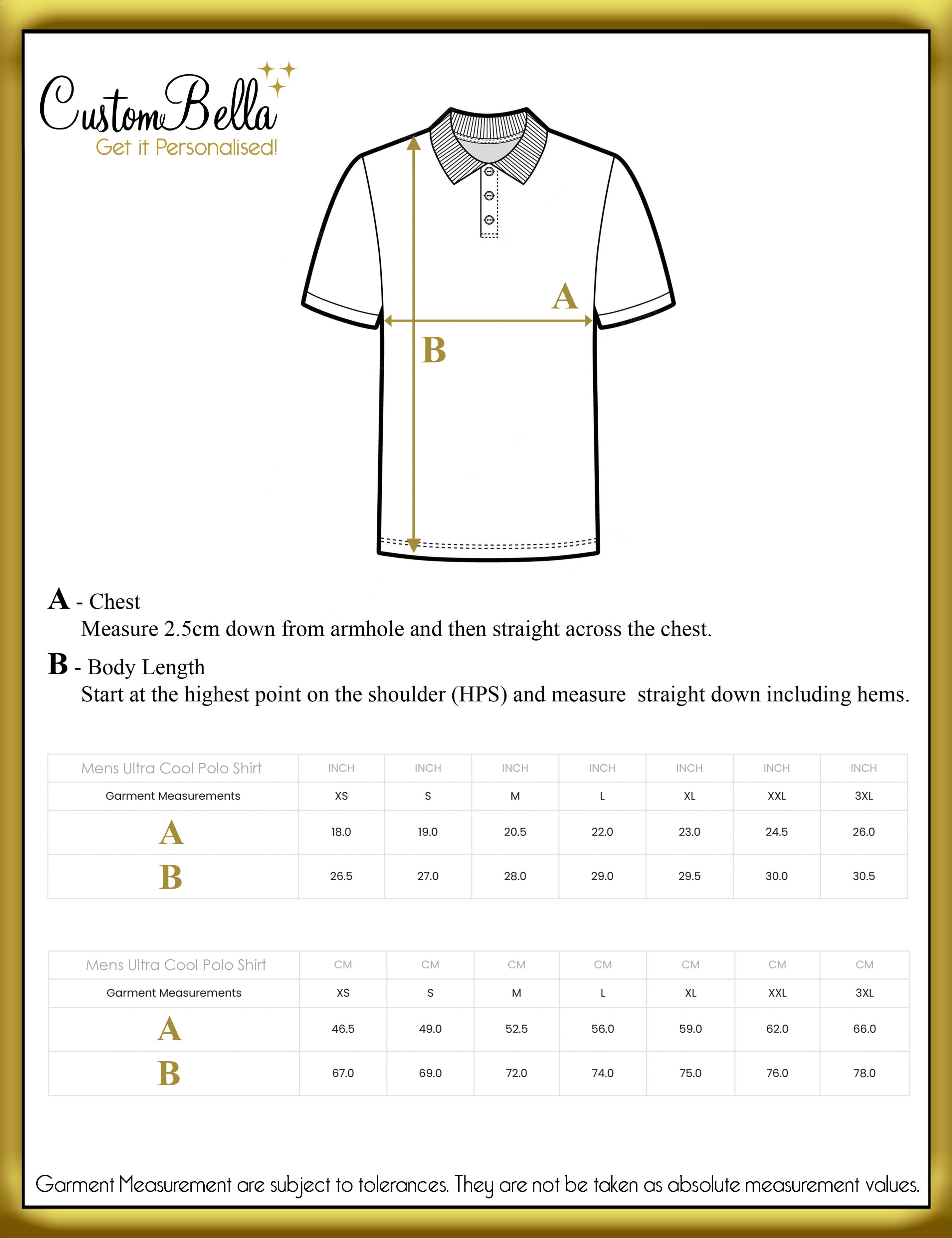 Printed Dri Fit Polo Shirt size chart