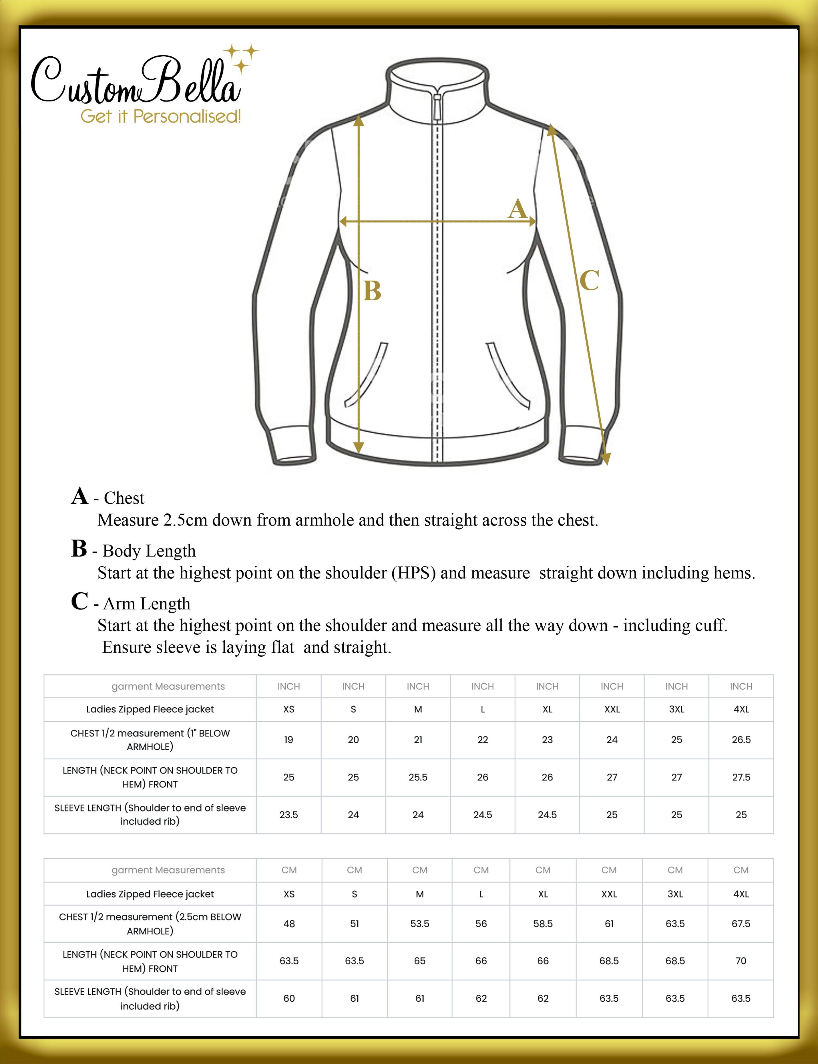 Personalised embroidered ladies or women's fleece jacket size chart